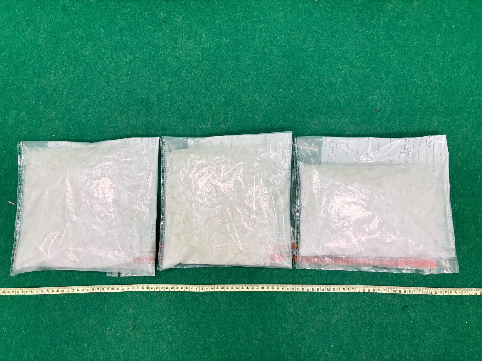 Hong Kong Customs detected a drug trafficking case involving baggage concealment at Hong Kong International Airport on September 12 and seized about 3 kilograms of suspected methamphetamine with estimated market value of about $1 million. Photo shows the suspected methamphetamine seized in the case.