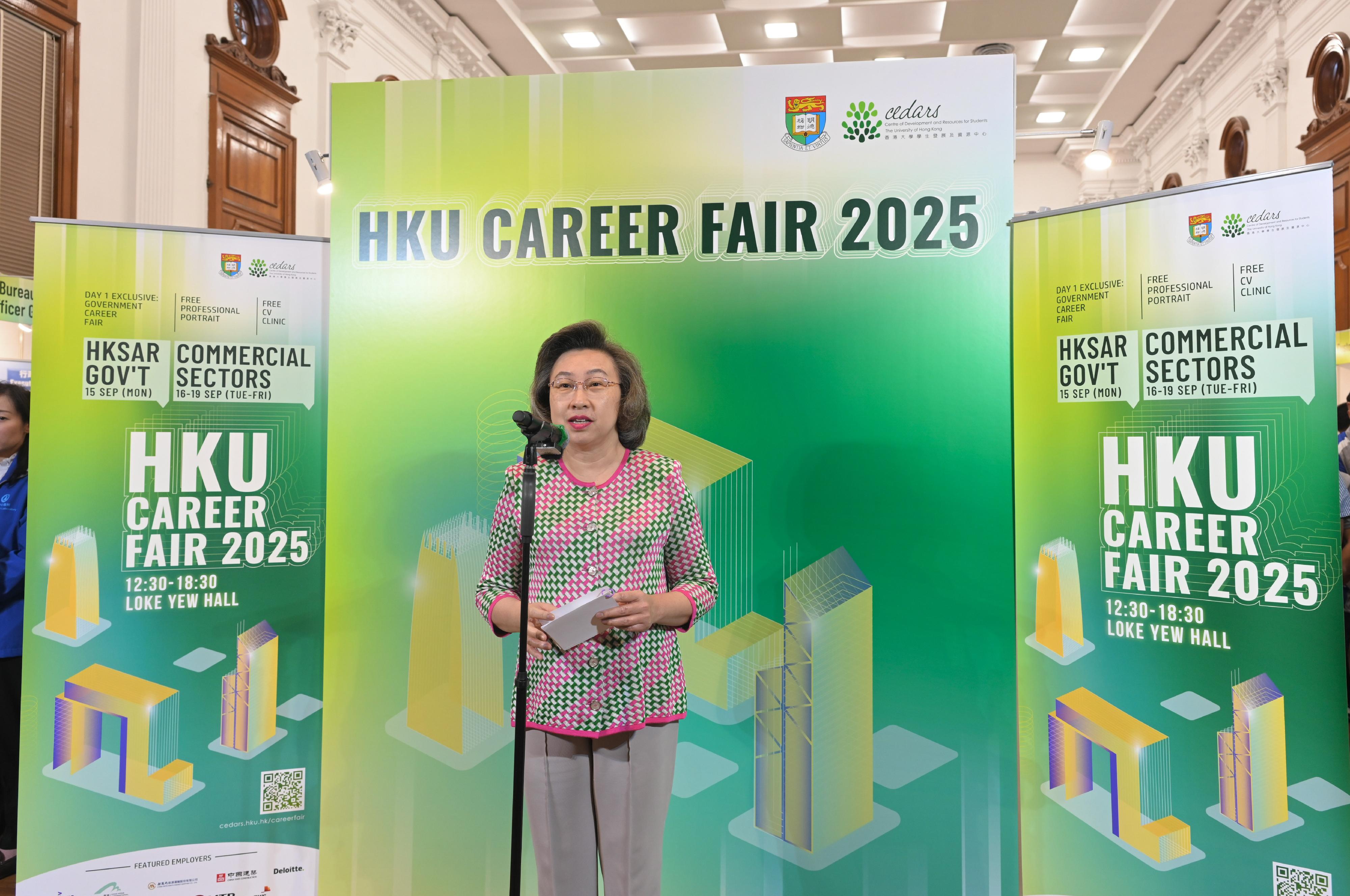 The Secretary for the Civil Service, Mrs Ingrid Yeung, attended the first Government Career Fair being held at local universities this year at the University of Hong Kong this afternoon (September 15). Photo shows Mrs Yeung delivering a speech at the opening ceremony of the fair.