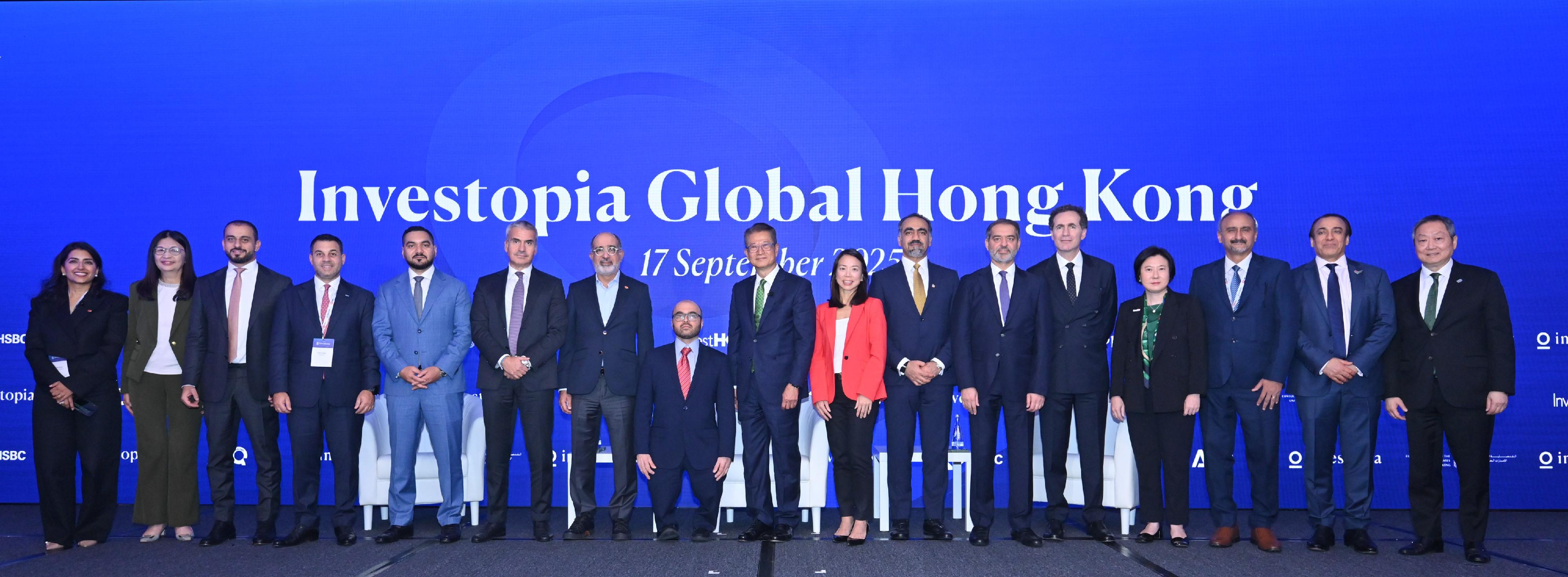 Investopia, the United Arab Emirate (UAE)'s leading investment platform and ecosystem, concluded yesterday (September 17). Photos shows the Financial Secretary, Mr Paul Chan (centre); the Undersecretary of the UAE Ministry of Investment, Mr  Mohammad Alhawi (eighth left); the Chief Executive Officer of Investopia, Dr Jean Fares (fifth right); the Director-General of Investment Promotion, Ms Alpha Lau (fourth right); the  Hong Kong Chief Executive Officer of the Hongkong and Shanghai Banking Corporation Limited, Ms Luanne Lim (eighth right); and the Chief Executive Officer of the Securities and Futures Commission, Ms Julia Leung (second left), at the Investopia event.