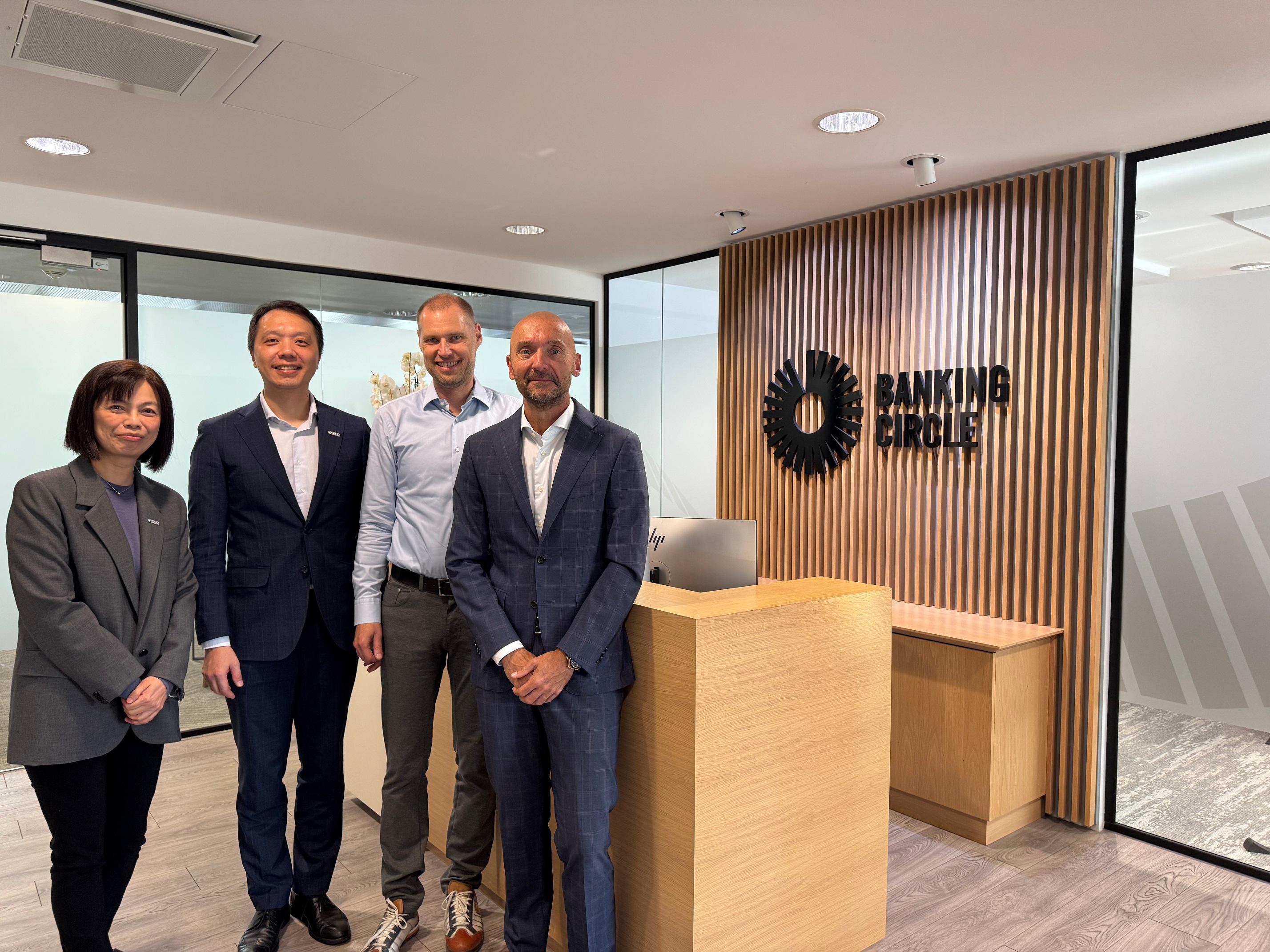 The delegation from the Office for Attracting Strategic Enterprises (OASES) visited enterprises in life and health technology and fintech sectors in Germany and Luxembourg between September 18 and 20. Photo shows the Executive Director, Mr Bryan Peng (second left) and the Chief Manager (Fintech) of OASES, Ms Frenda Cheung (first left), with the representatives of an enterprise in fintech sector in Luxembourg.