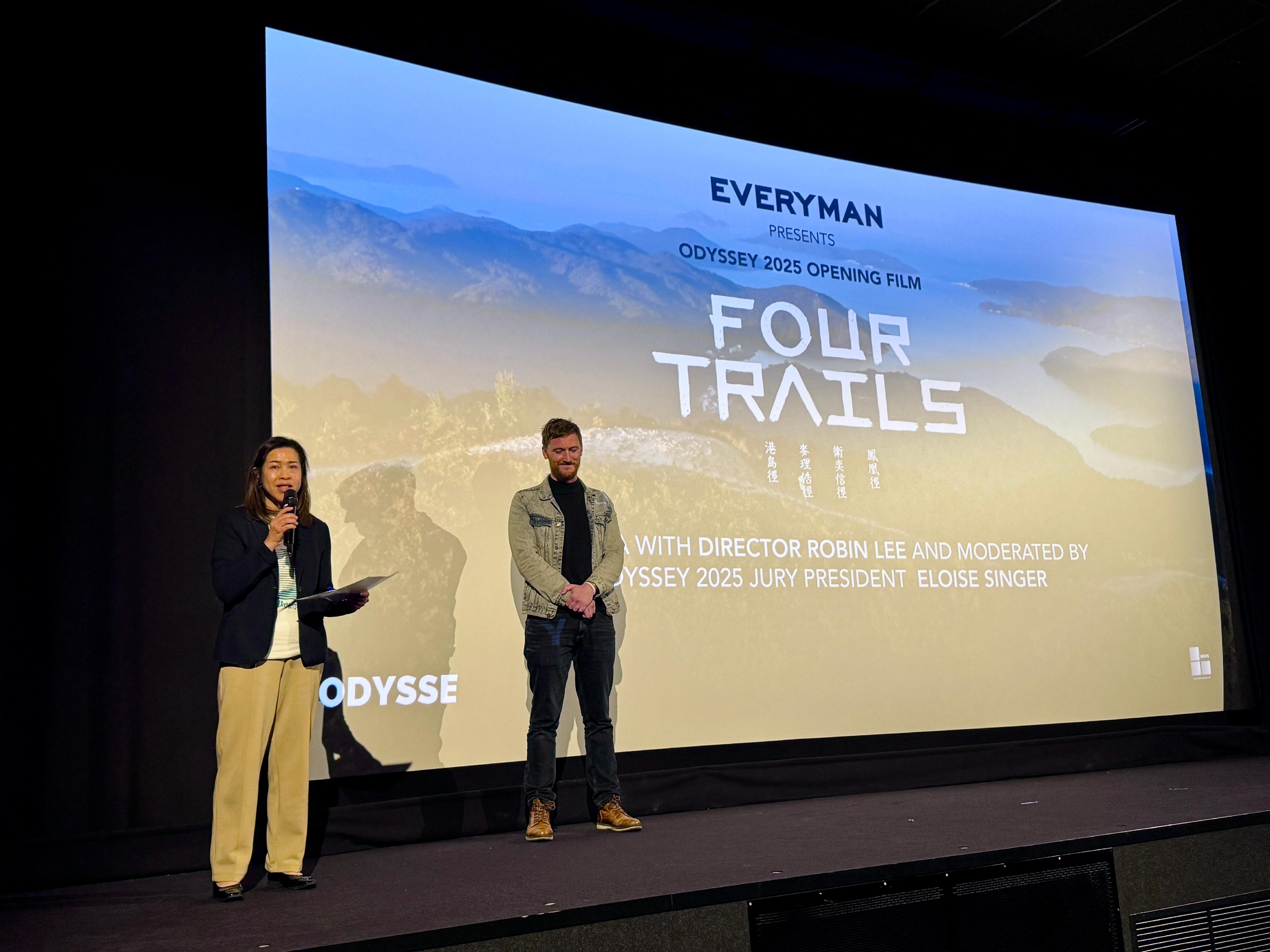 The Hong Kong Economic and Trade Office in London (London ETO) supported the Odyssey 2025 film festival in presenting Hong Kong films in London and Leeds in the United Kingdom from September 15 to 30 (London time). Photo shows the Director-General of the London ETO, Miss Fiona Chau (left), delivering a speech at the opening screening of the award-winning Hong Kong documentary "Four Trails" on September 15. 