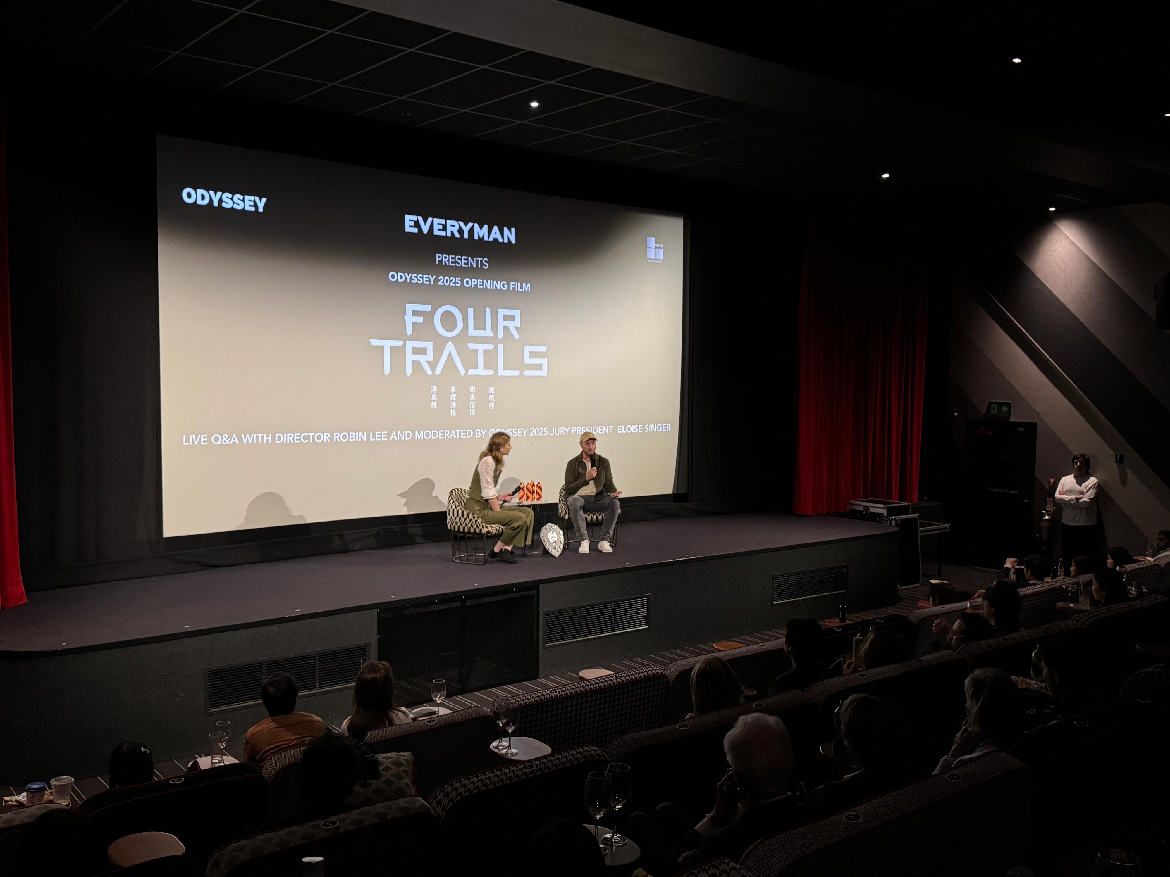 The Hong Kong Economic and Trade Office in London supported the Odyssey 2025 film festival in presenting Hong Kong films in London and Leeds in the United Kingdom from September 15 to 30 (London time). Photo shows Director Robin Lee at his question and answer session hosted by Odyssey 2025's Jury President, Ms Eloise Singer, after the screening of "Four Trails".