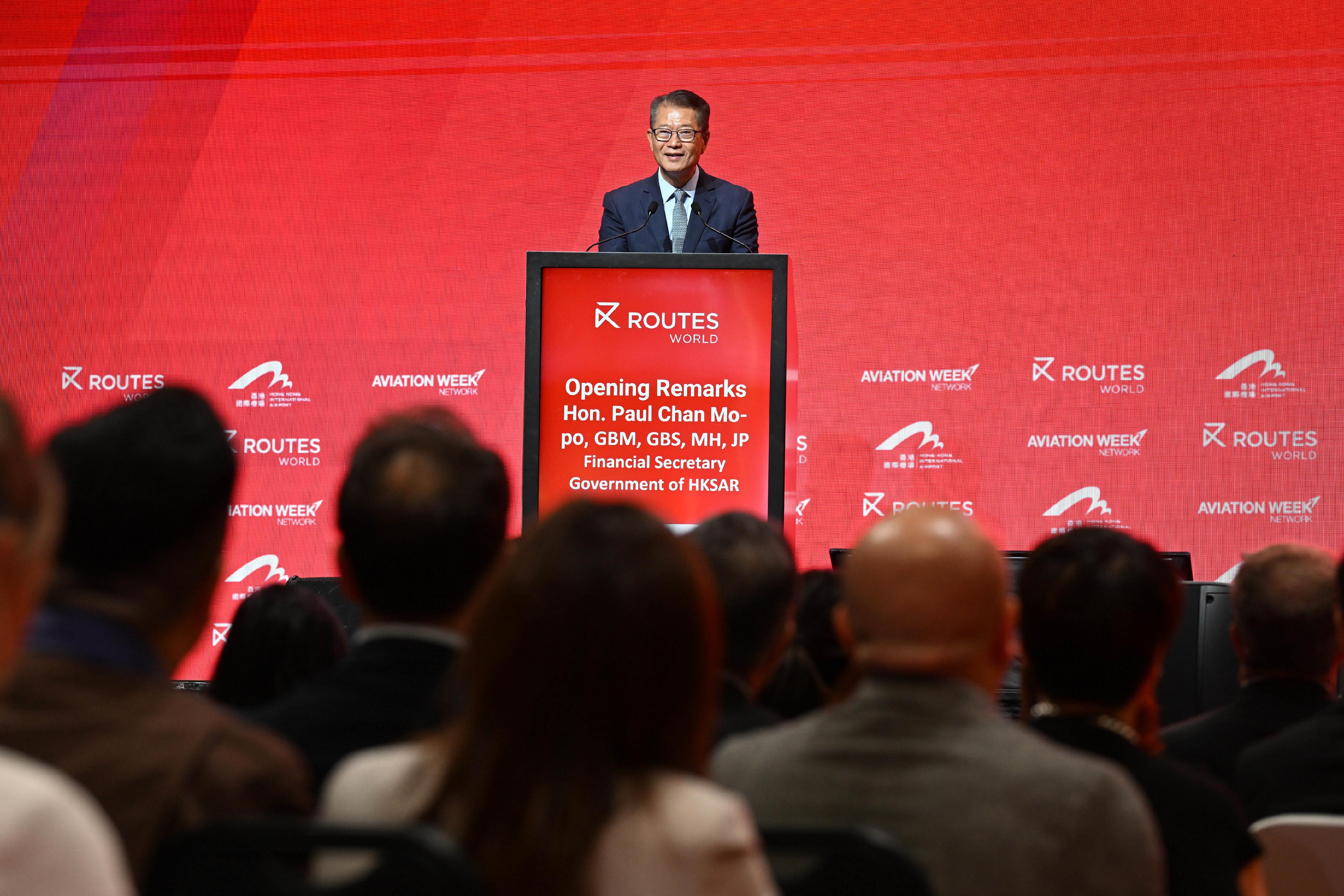 The Financial Secretary, Mr Paul Chan, attended the Routes World 2025 today (September 25).  Photo shows Mr Chan giving opening remarks at the event. 