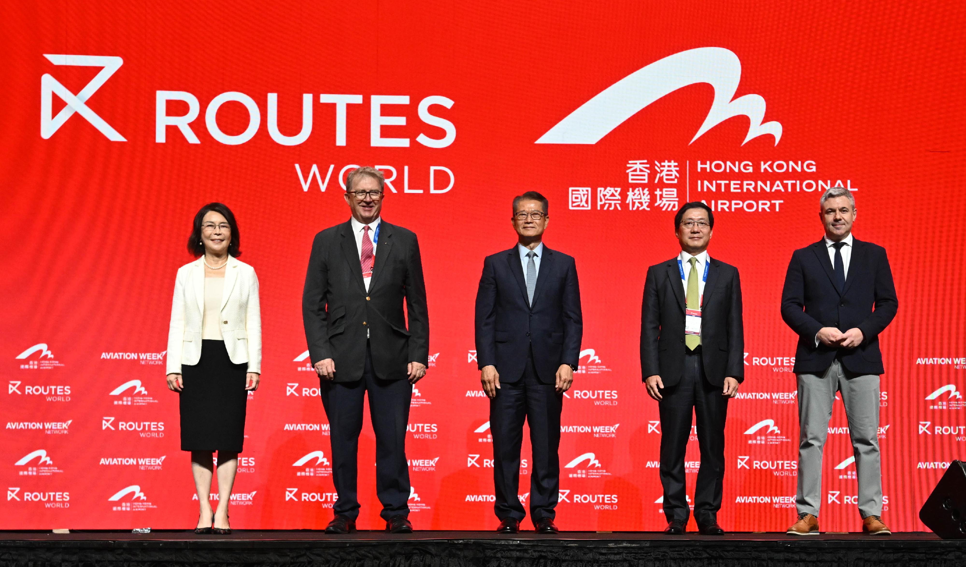The Financial Secretary, Mr Paul Chan, attended the Routes World 2025 today (September 25).  Photo shows Mr Chan (centre); the Chairman of Airport Authority Hong Kong, Mr Fred Lam (second right); the Managing Director of Routes, Mr Steven Small (third right) and others at the opening ceremony of the event.