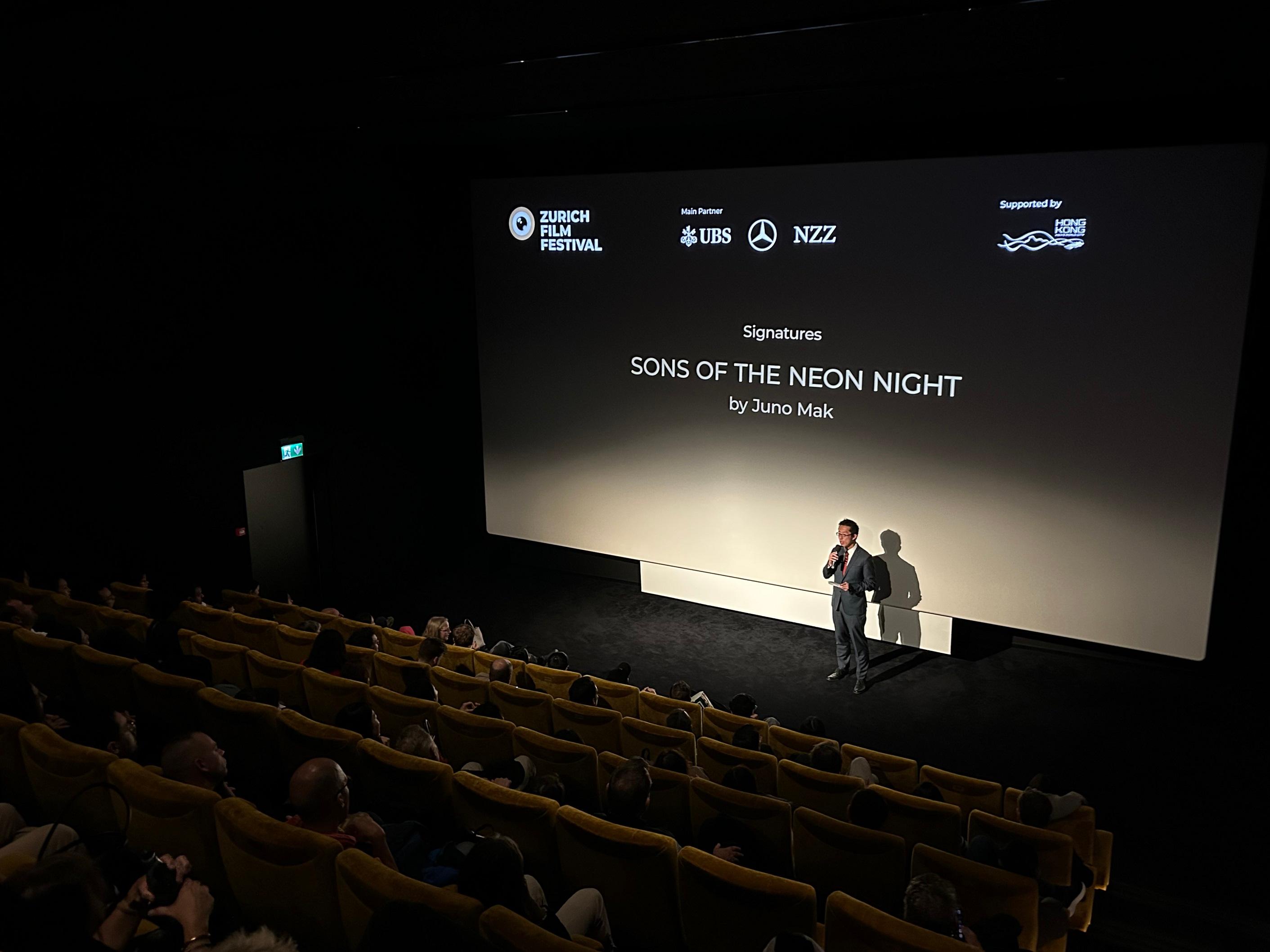 The Hong Kong Economic and Trade Office, Berlin (HKETO Berlin) is supporting and presenting two Hong Kong film productions at the 21st Zurich Film Festival being held from September 25 to October 5 (Zurich time). Photo shows the Director of HKETO Berlin, Mr Indiana Wong, speaking before the screening of movie "Sons of the Neon Night" on September 26.