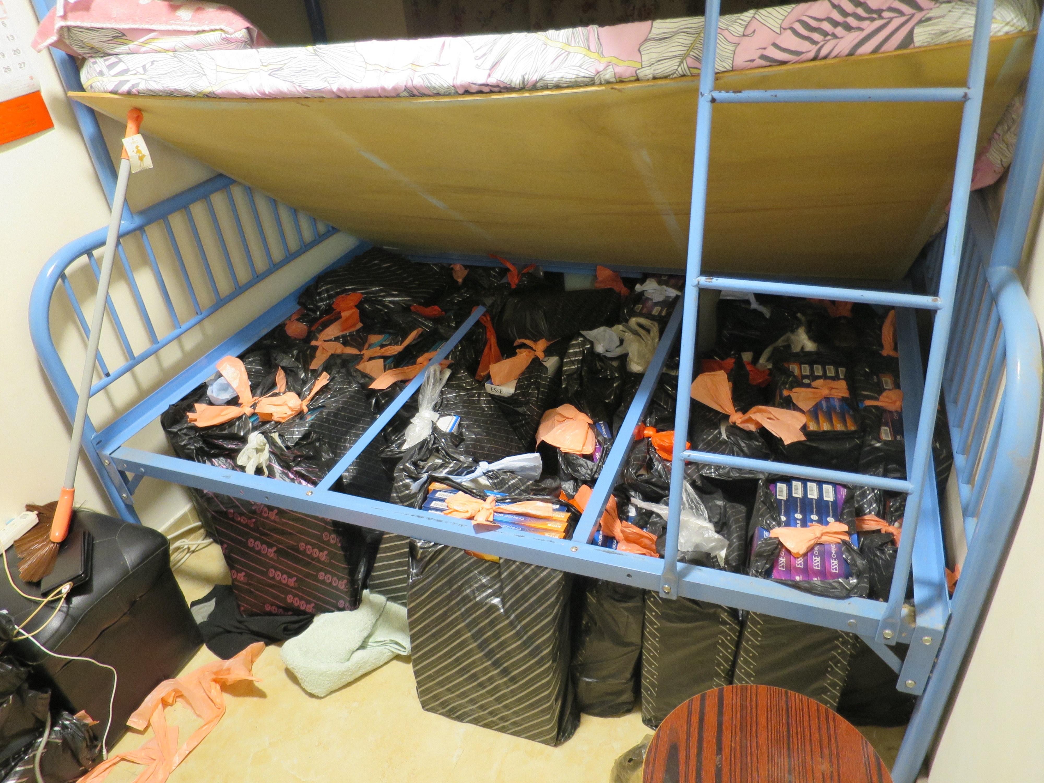 Hong Kong Customs mounted a territory-wide anti-illicit cigarette enforcement operation for two consecutive days (September 29 and 30) and raided four suspected illicit cigarette sales outlets and one suspected illicit cigarette storage centre in Sham Shui Po, seizing a total of about 1.32 million suspected illicit cigarettes with an estimated market value of about $5.94 million and a duty potential of about $4.36 million. Photo shows some of the suspected illicit cigarettes seized from the suspected illicit cigarette storage centre in Sham Shui Po.