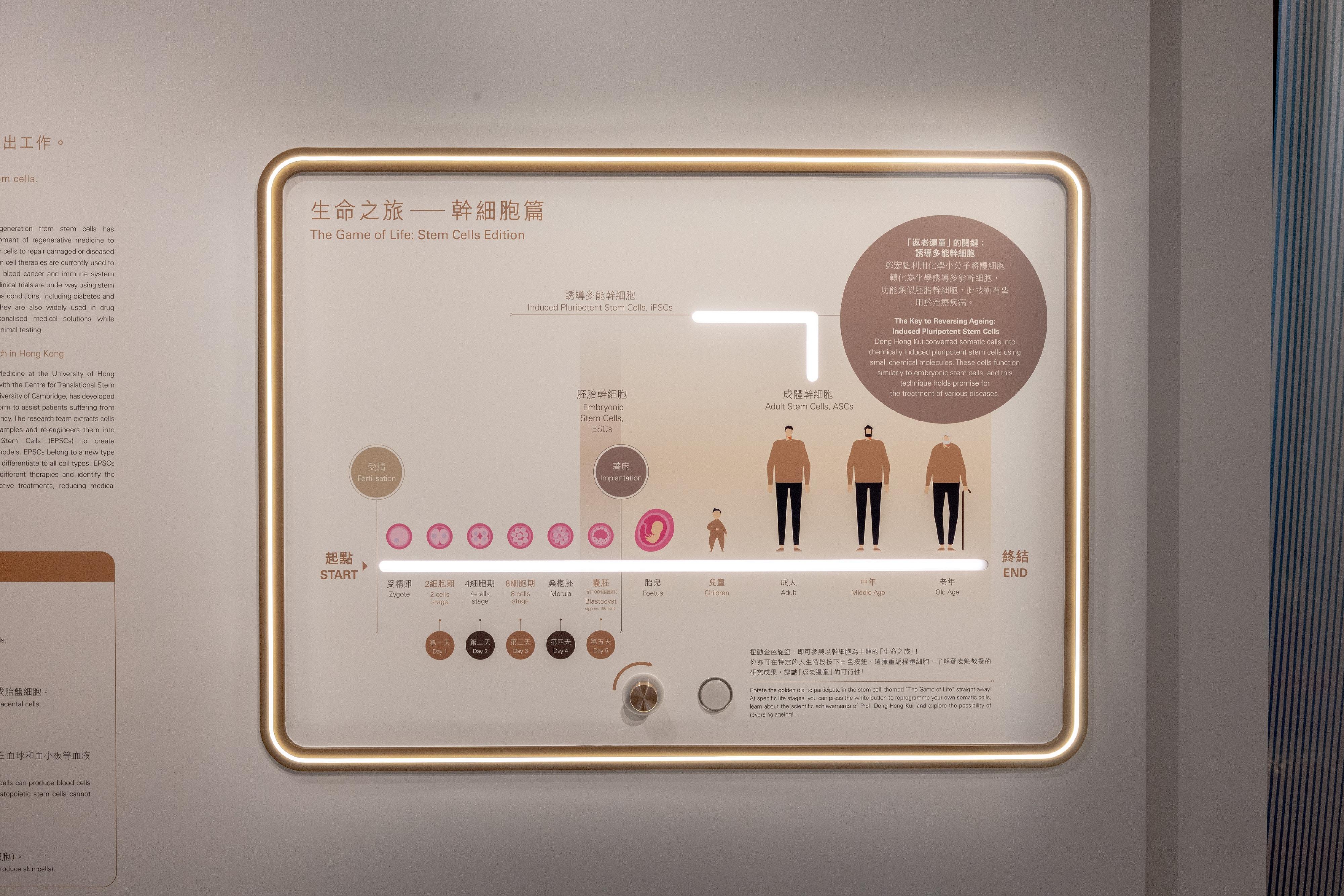 香港科學館今日（九月三十日）起至十月二十九日在地下展覽廳舉行「2025未來科學大獎展覽」，介紹獲獎者研究成果。圖示互動展品「生命之旅——幹細胞篇」，參觀者可以了解2024生命科學獎獲獎者鄧宏魁在幹細胞方面的研究成果。