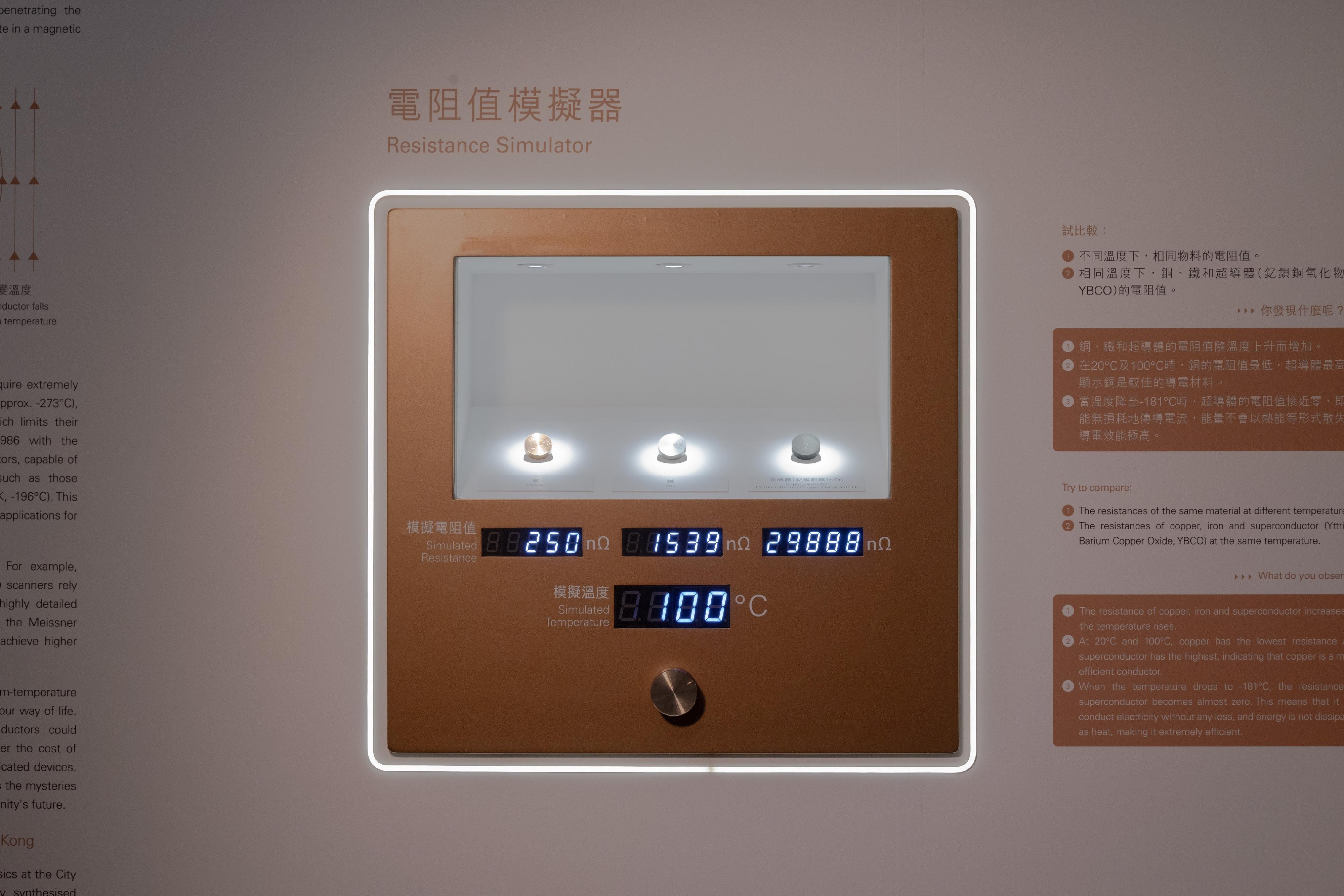 香港科學館今日（九月三十日）起至十月二十九日在地下展覽廳舉行「2025未來科學大獎展覽」，介紹獲獎者研究成果。圖示互動展品「電阻值模擬器」，參觀者可以比較銅、鐵與超導體在不同溫度下的電阻值，認識2023物質科學獎獲獎者趙忠賢和陳仙輝的研究成果，以及認識金屬與超導體的特性。