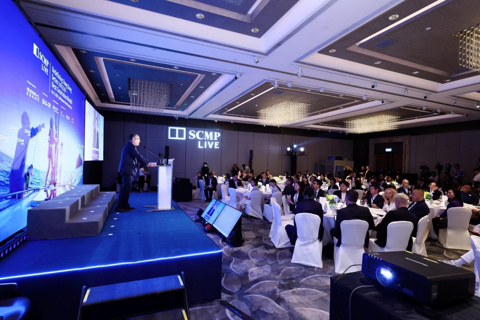 The Secretary for Financial Services and the Treasury, Mr Christopher Hui, delivers a keynote speech at Redefining HK Series 2025/26 - Next Generation Wealth organised by the South China Morning Post today (October 3).