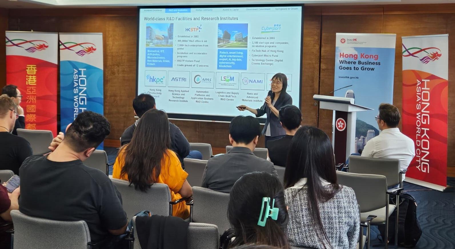 Invest Hong Kong (InvestHK) has concluded a successful business mission to Singapore from October 7 to 10, reinforcing Hong Kong’s position as a premier business hub and fostering partnerships in high-growth sectors such as AI, data management, and automation. Photo shows InvestHK's Head of Digital Technologies and Data Infrastructure, Miss Wendy Chow, promoting Hong Kong's advantages and business opportunities at the seminar.
