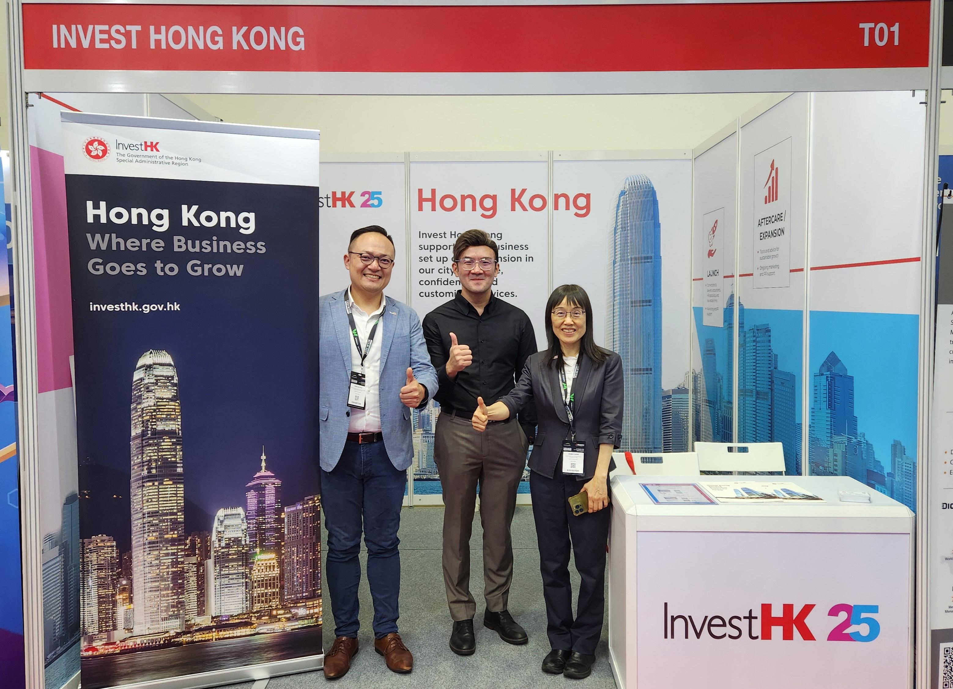 Invest Hong Kong (InvestHK) has concluded a successful business mission to Singapore from October 7 to 10, reinforcing Hong Kong's position as a premier business hub and fostering partnerships in high-growth sectors such as AI, data management, and automation. Photo shows (from right) InvestHK's Head of Digital Technologies and Data Infrastructure, Miss Wendy Chow; the Deputy Head of Business and Talent Attraction/Investment Promotion, Hong Kong Economic and Trade Office in Singapore, Mr Philip Woo; and Senior Vice President of Digital Technologies and Data Infrastructure of InvestHK Mr Marcus Woo, promoting Hong Kong's advantages and business opportunities at Tech Week Singapore 2025.