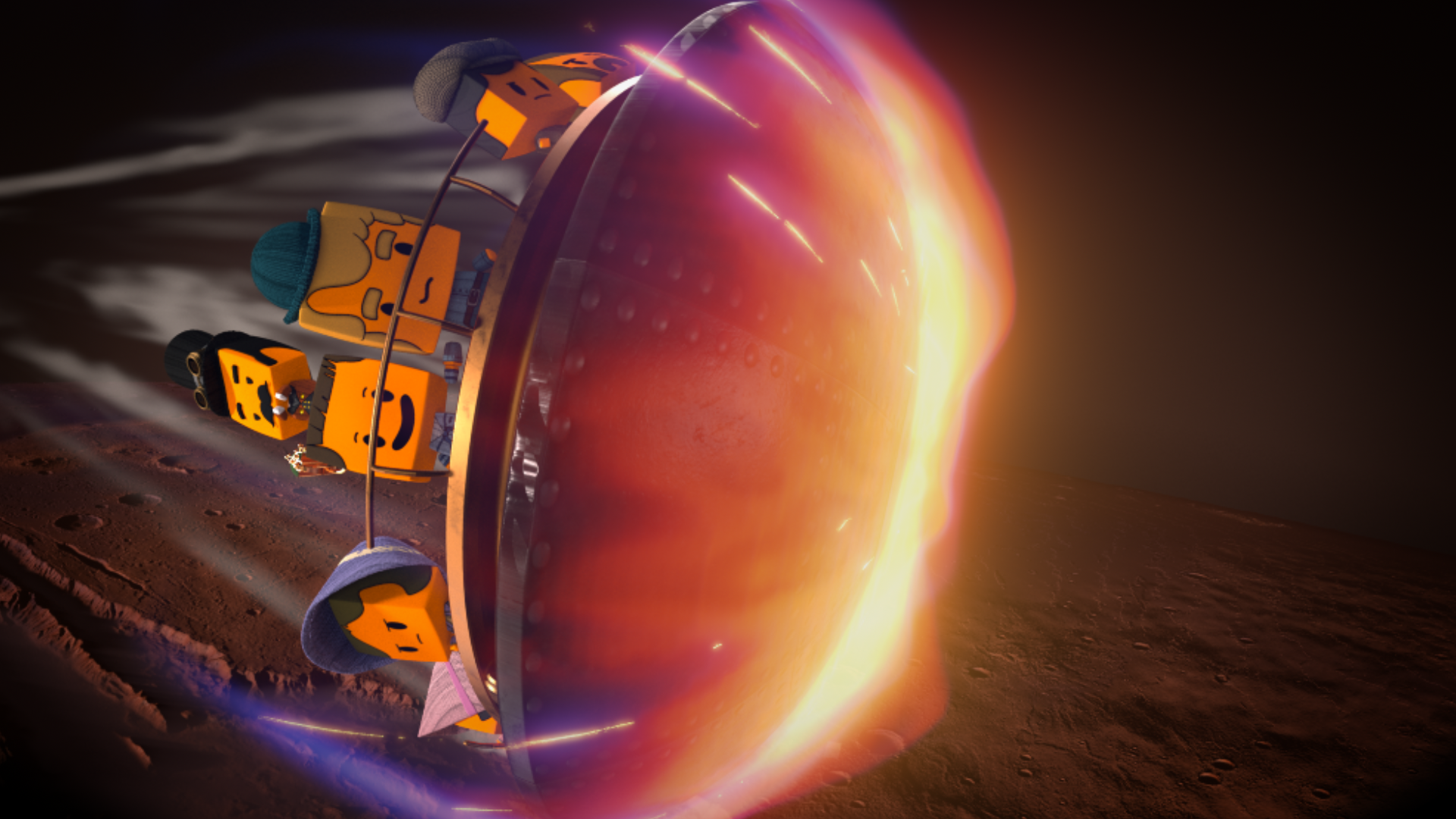 香港太空館天象廳明日（十月十五日）起放映全新立體球幕電影《太陽系大冒險3D》，帶領觀眾認識各大行星，以及太陽的威力。圖示登陸器在火星稀薄的大氣層中高速下降，過程充滿挑戰。大鬍子領隊必須運用智慧和經驗，確保各人能夠安全降落在這顆紅色星球上。