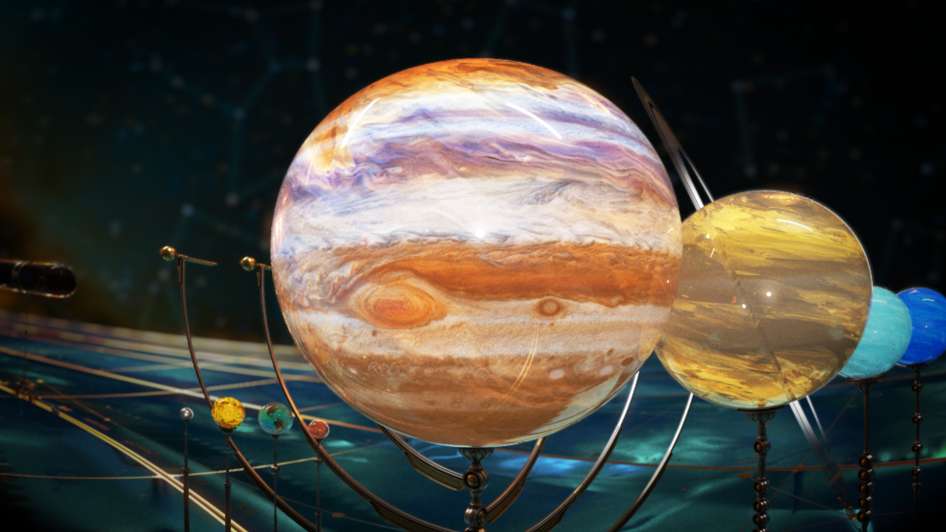 香港太空館天象廳明日（十月十五日）起放映全新立體球幕電影《太陽系大冒險3D》，帶領觀眾認識各大行星，以及太陽的威力。圖示太陽系內最大的行星——木星，其他行星皆相形見絀。木星最奪目的特徵是其大紅斑，這個巨型風暴比地球的直徑還要大，已經持續了超過四百年。