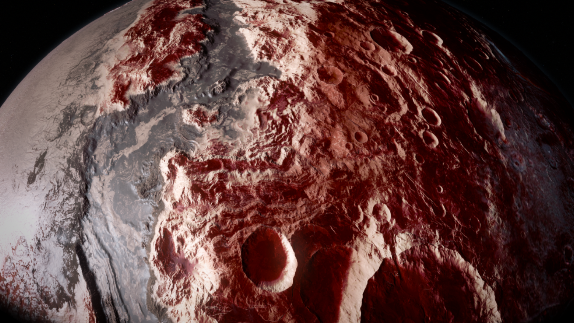 香港太空館天象廳明日（十月十五日）起放映全新立體球幕電影《太陽系大冒險3D》，帶領觀眾認識各大行星，以及太陽的威力。圖示冥王星的表面。這顆矮行星包含許多有待發掘的祕密。
