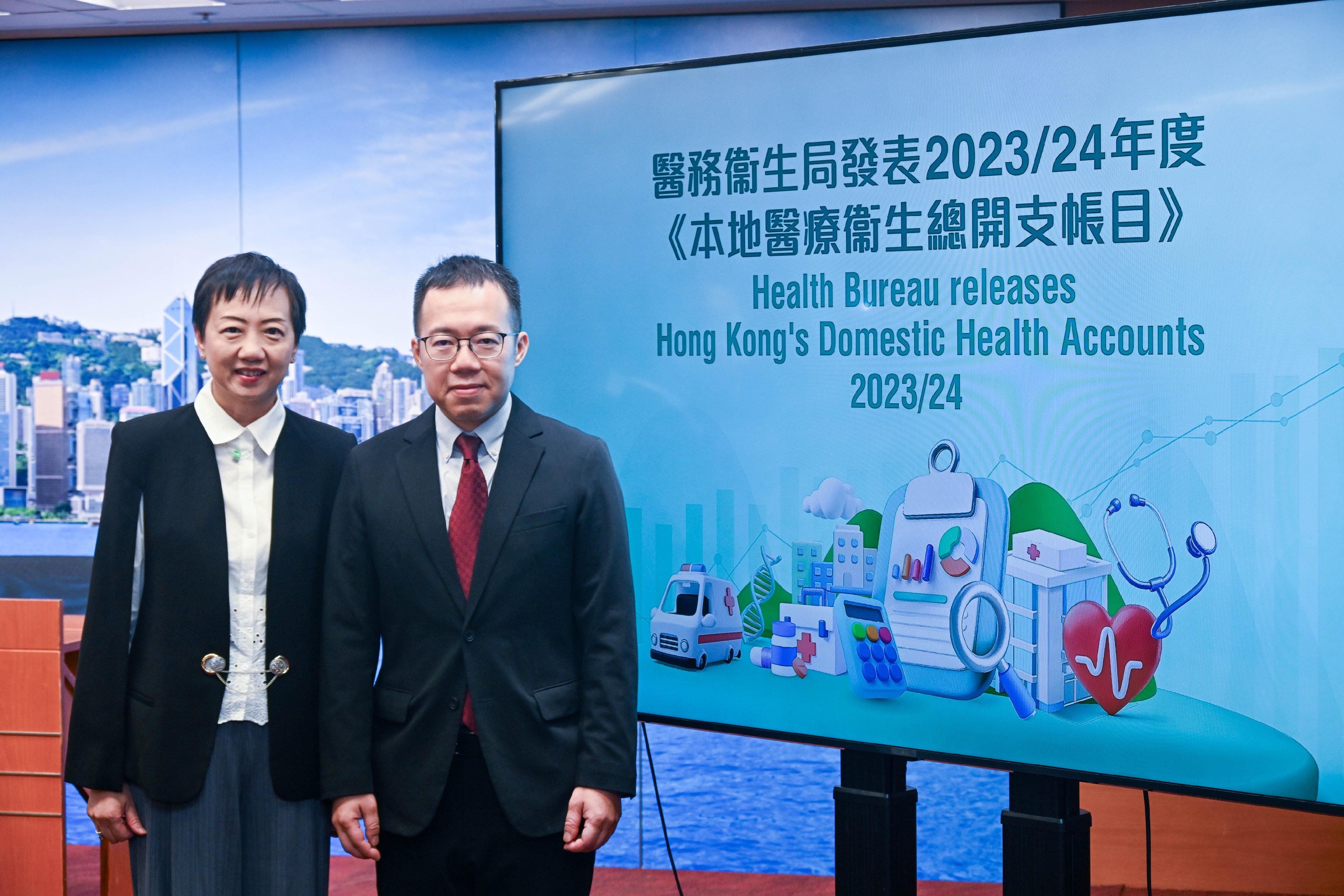 The Health Bureau (HHB) released Hong Kong's Domestic Health Accounts 2023/24 today (October 16). Photo shows Deputy Secretary for Health Mr Raymond Wu (right) and the Chief Data Scientist (Data Analytics) of the HHB, Ms Eva Tsui (left), at the technical briefing.