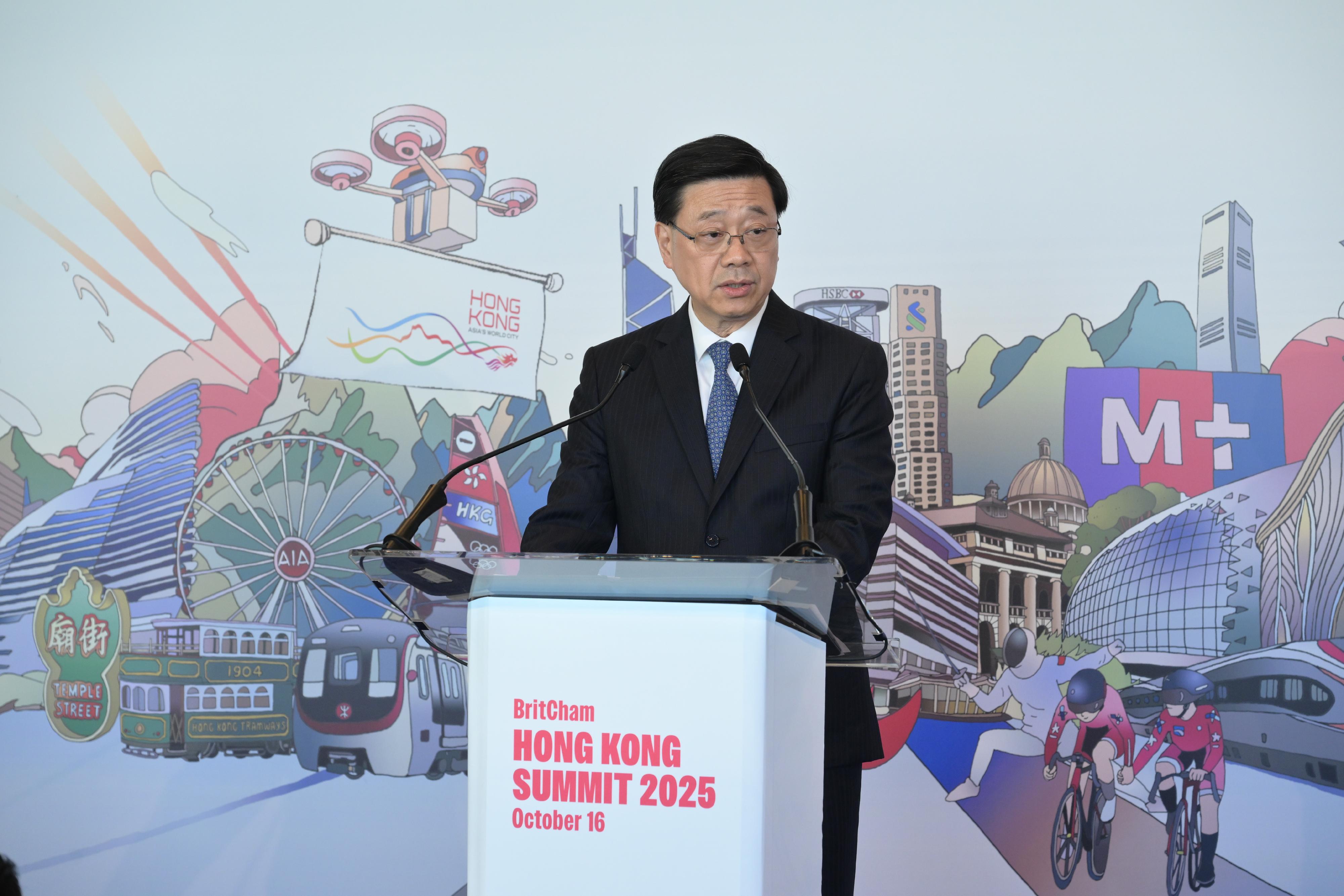 The Chief Executive, Mr John Lee, speaks at the BritCham Hong Kong Summit 2025 today (October 16).
