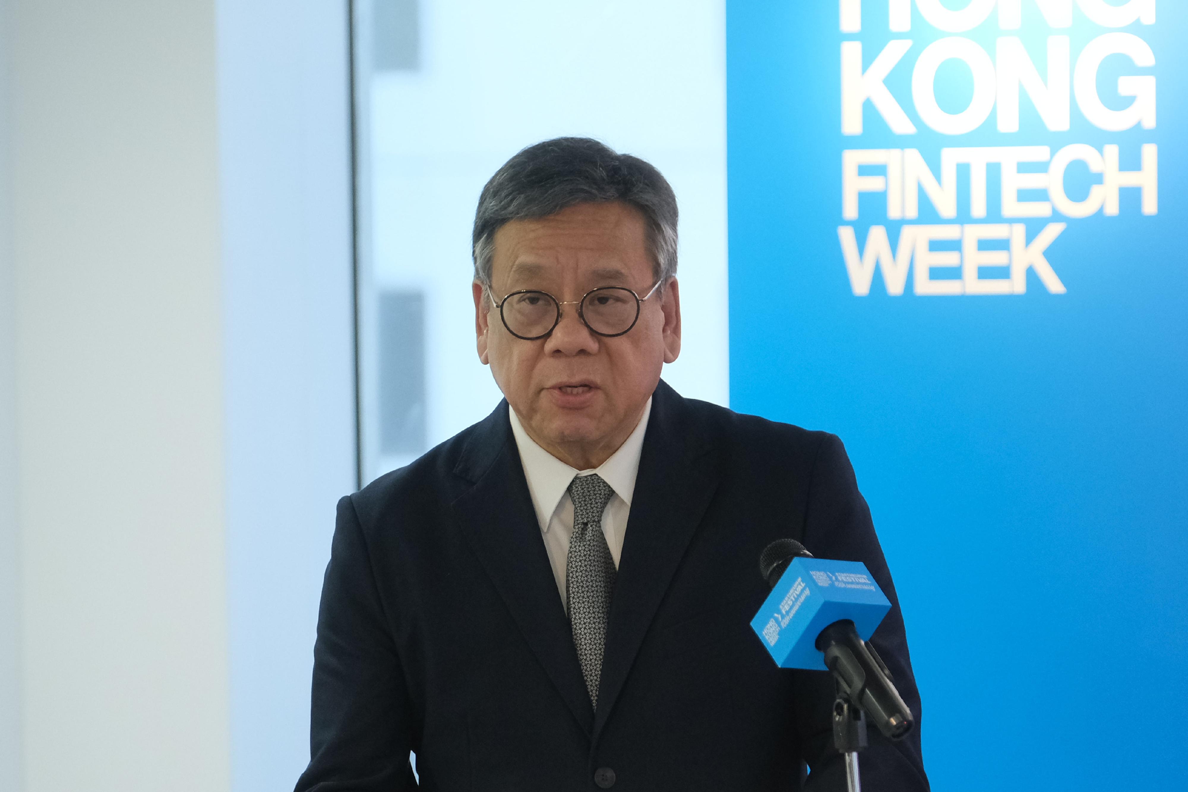 The Secretary for Commerce and Economic Development, Mr Algernon Yau, speaks at the Hong Kong FinTech Week x StartmeupHK Festival 2025 press conference today (October 17).