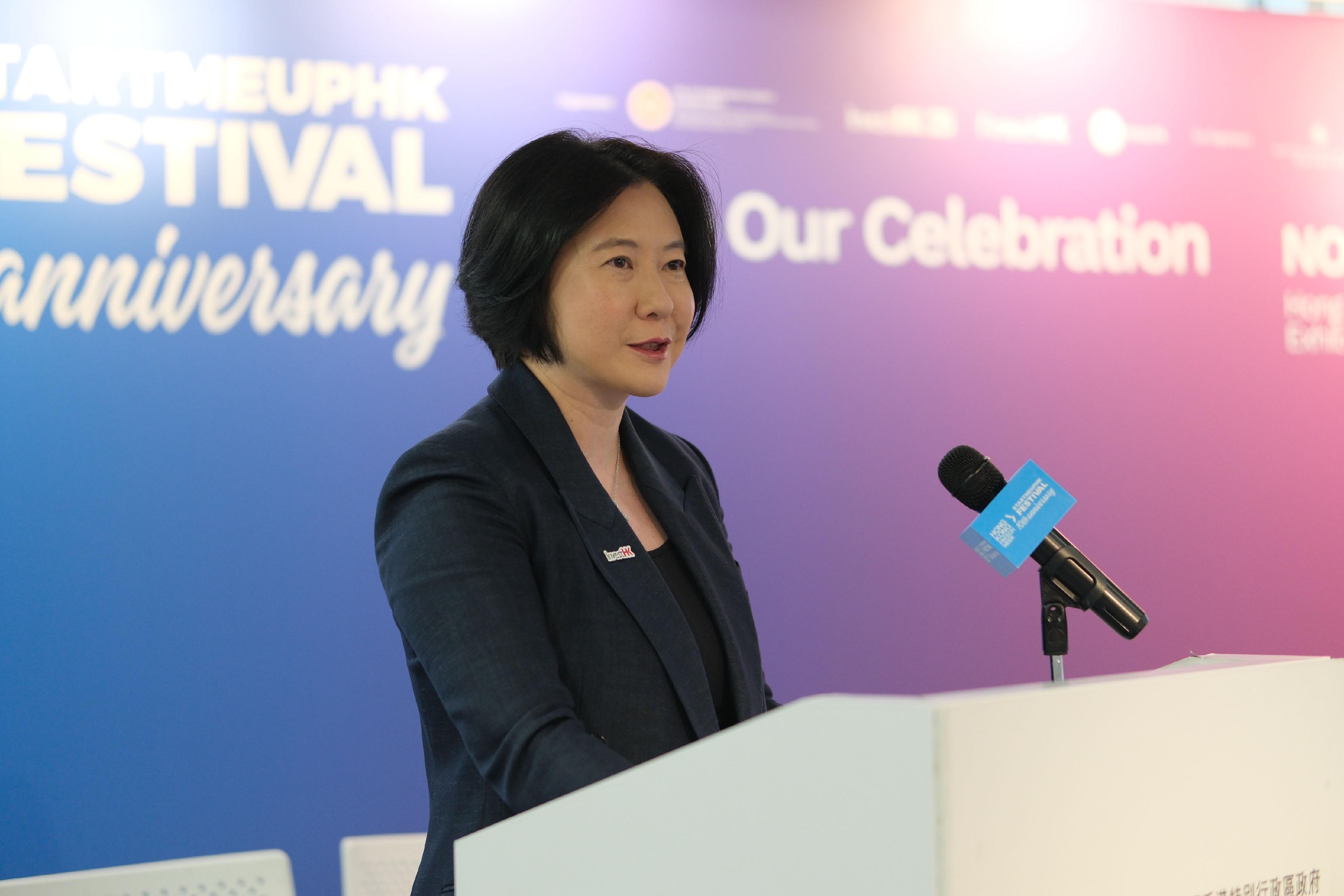 The Director-General of Investment Promotion of Invest Hong Kong, Ms Alpha Lau, speaks at the Hong Kong FinTech Week x StartmeupHK Festival 2025 press conference today (October 17).
