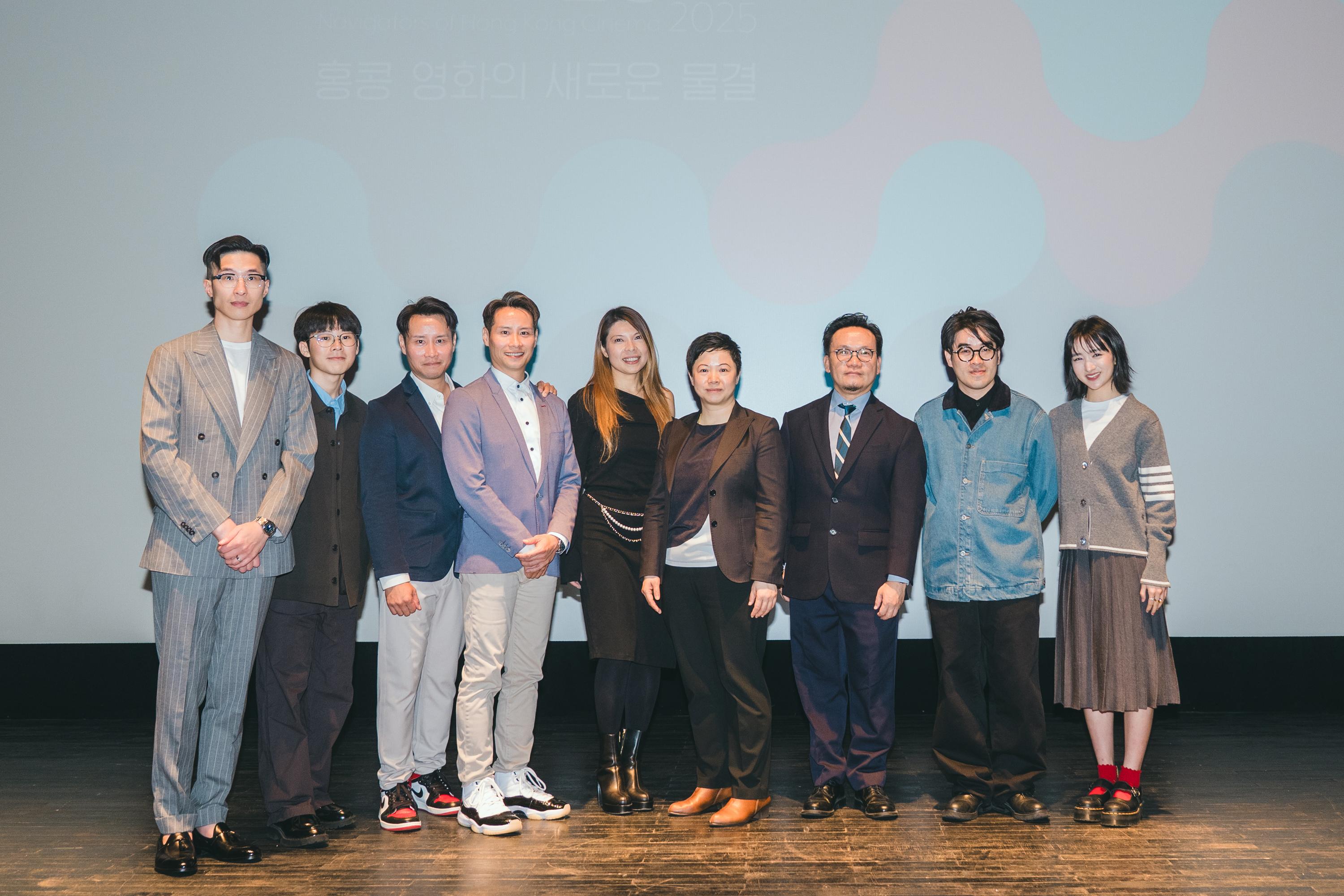 The fourth edition of "Making Waves - Navigators of Hong Kong Cinema" (Making Waves) touring film programme, sponsored by the Cultural and Creative Industries Development Agency of the Culture, Sports and Tourism Bureau, was launched in Seoul, Korea, yesterday (October 17) and will run until October 20. Photo shows (from left) the Director of "My First of May", James Hung; actor of "Papa" Dylan So; Co-directors of "Stuntman" Herbert Leung and Albert Leung; the Principal Hong Kong Economic and Trade Representative (Tokyo), Miss Winsome Au; the Commissioner for Cultural and Creative Industries, Miss Drew Lai; the Assistant Commissioner for Cultural and Creative Industries, Mr Gary Mak; the Director of the opening film, "Last Song For You", Jill Leung, and actor Natalie Hsu before attending the screening of "Last Song For You" on October 17.
