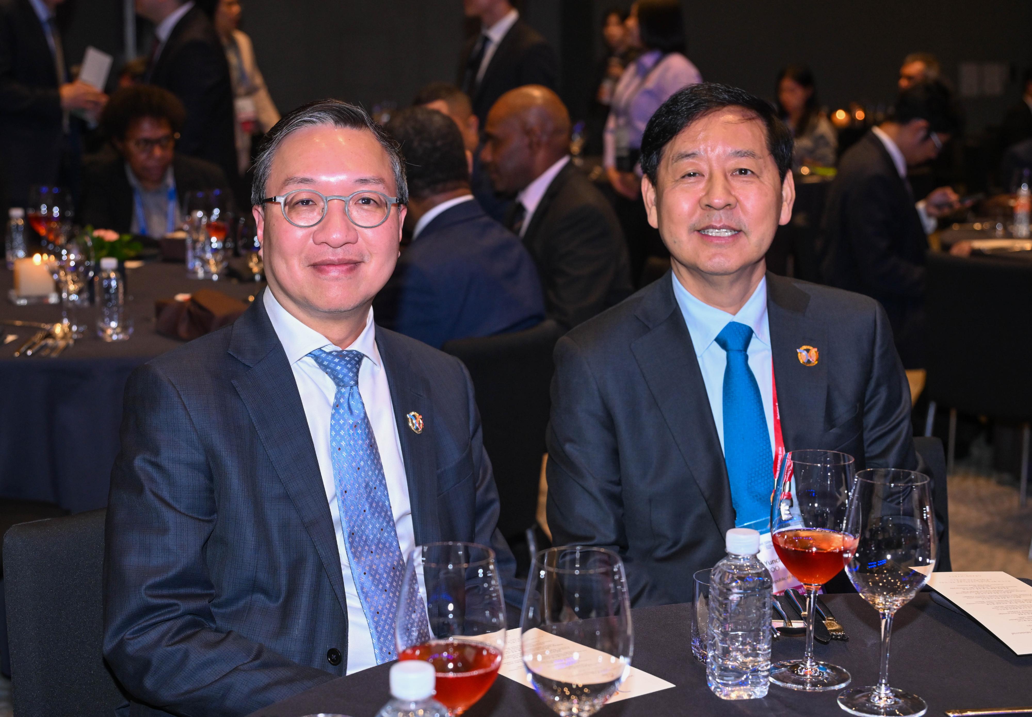 The Secretary for Justice, Mr Paul Lam, SC, attended the 2025 Asia-Pacific Economic Cooperation Structural Reform Ministerial Meeting in Incheon, Korea, today (October 22). Photo shows Mr Lam (left) and the Chair of the Meeting, Deputy Prime Minister and Minister of Economy and Finance of the Republic of Korea, Mr Koo Yun-cheol (right), at the Structural Reform Ministerial Welcome Dinner.