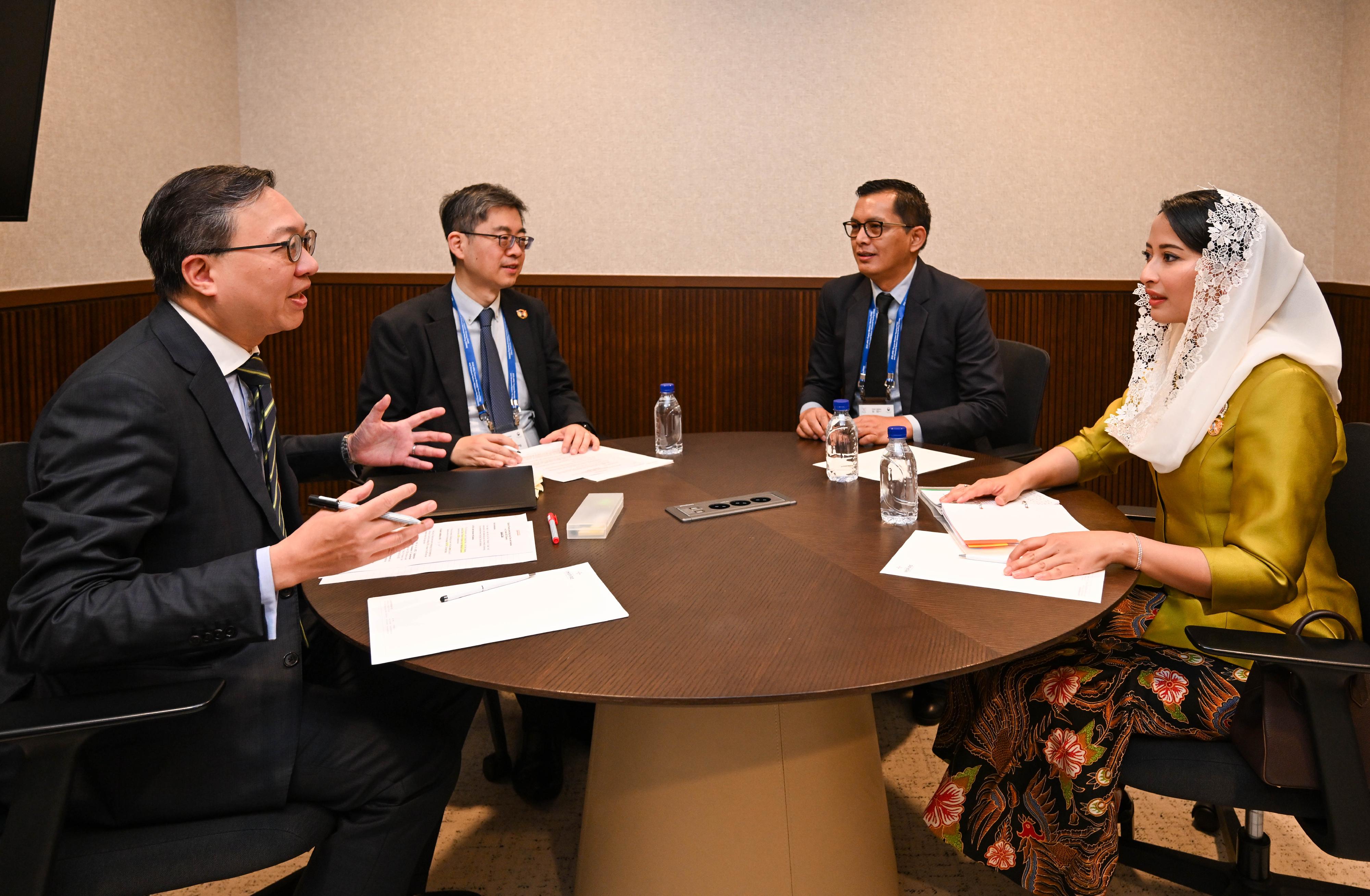 The Secretary for Justice, Mr Paul Lam, SC, continued to attend the 2025 Asia-Pacific Economic Cooperation Structural Reform Ministerial Meeting in Incheon, Korea, today (October 23). Photo shows Mr Lam (first left) and the Deputy Minister of Trade of Indonesia, Ms Dyah Roro Esti Widya Putri (first right), at a bilateral meeting. Also present is the Law Officer (International Law) of the Department of Justice, Dr James Ding (second left).