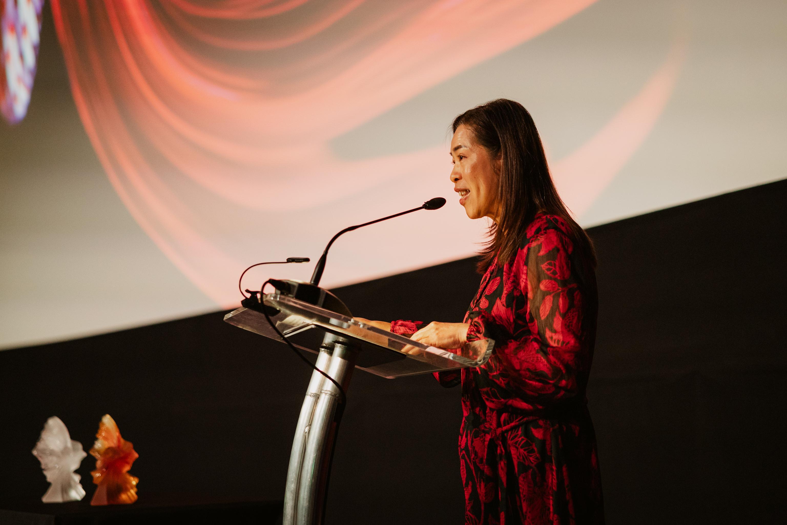 The Hong Kong Economic and Trade Office in London (London ETO), the Film Development Fund, and the Cultural and Creative Industries Development Agency under the Culture, Sports and Tourism Bureau of the Government of the Hong Kong Special Administrative Region support the London East Asia Film Festival from October 23 to November 2 (London time). Photo shows the Director-General of the London ETO, Miss Fiona Chau, addressing the audience at the opening gala ceremony.