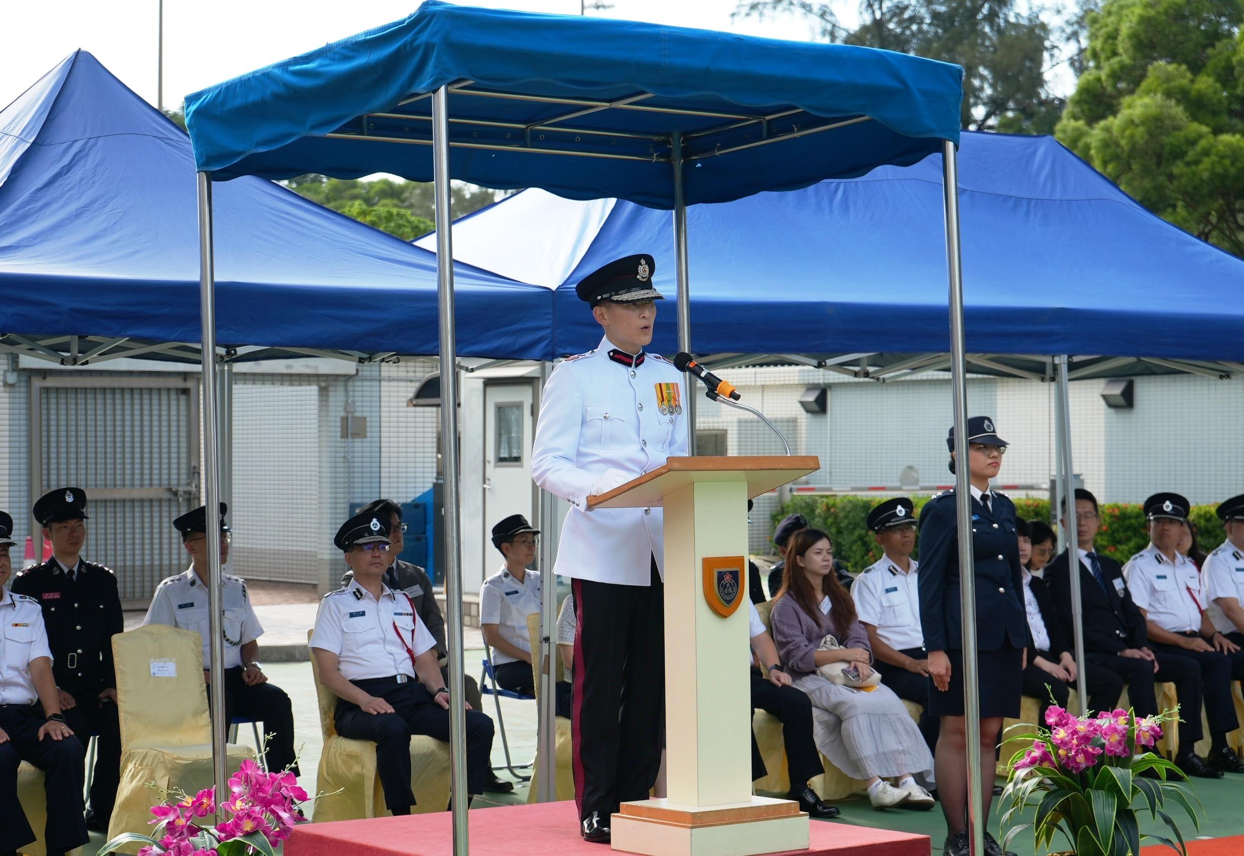 The Civil Aid Service (CAS) Cadet Corps held the 150th New Cadets Passing-out Parade at the CAS Headquarters today (October 25). Photo shows the Deputy Director of Fire Services (Operations), Mr Derek Armstrong Chan, delivering a speech at the parade.