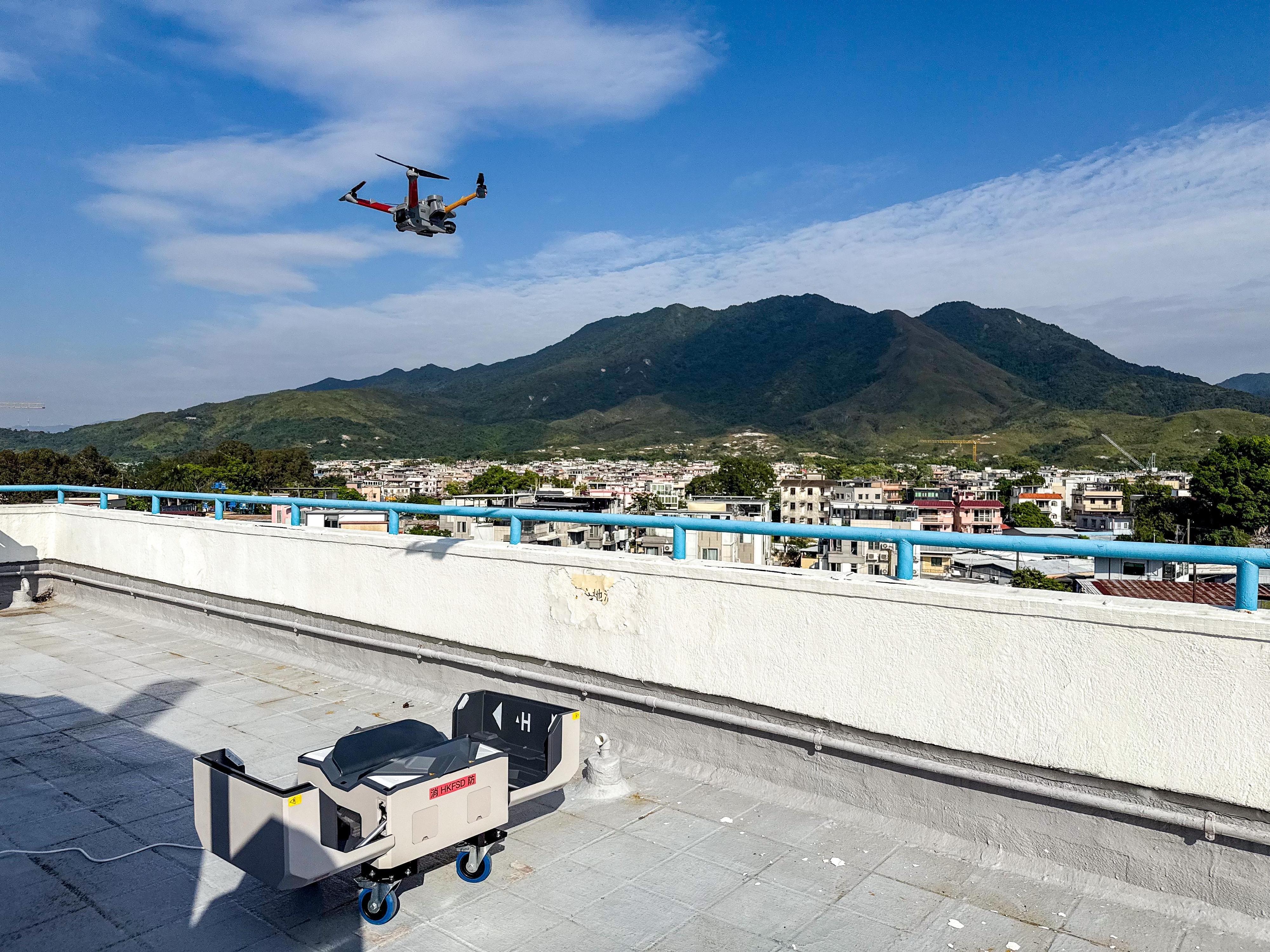 The Fire Services Department (FSD) today (October 27) announced the special operations deployment for hill fires during the Chung Yeung Festival. Photo shows the FSD utilising the low-altitude economy Regulatory Sandbox project for the first time and deploying drones and automated drone docks to conduct regular autonomic patrols in the countryside to achieve early fire detection by leveraging AI technology.