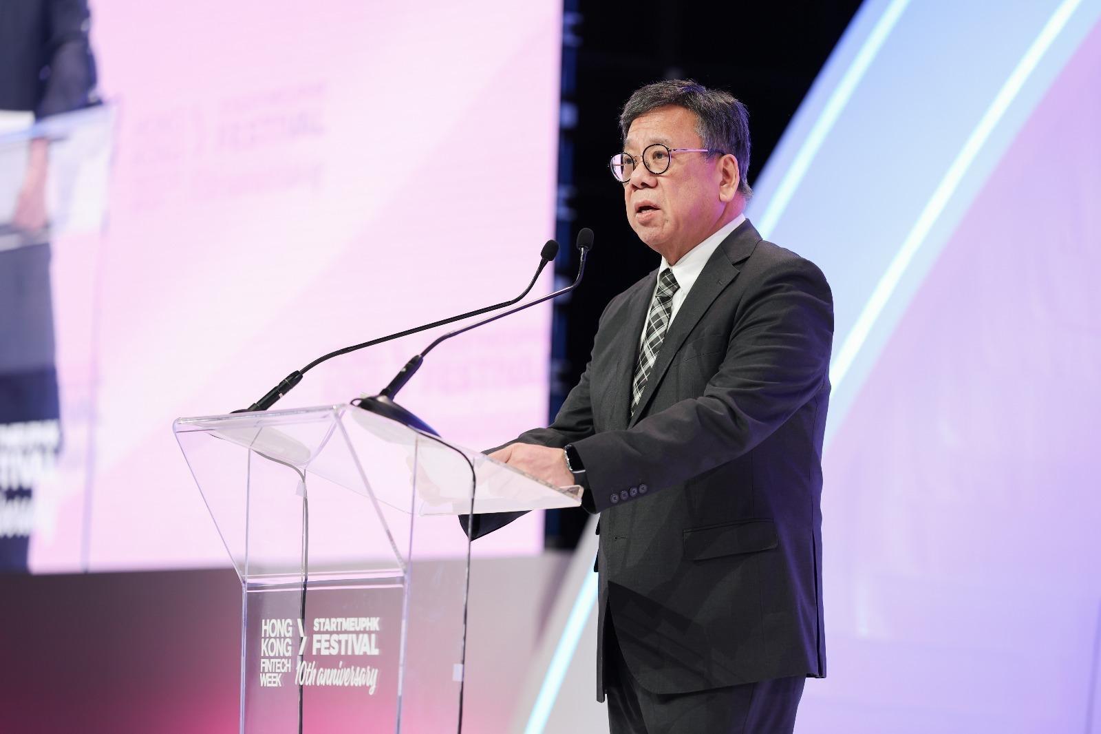 The Secretary for Commerce and Economic Development, Mr Algernon Yau, speaks at the Hong Kong FinTech Week x StartmeupHK Festival 2025 today (November 4).