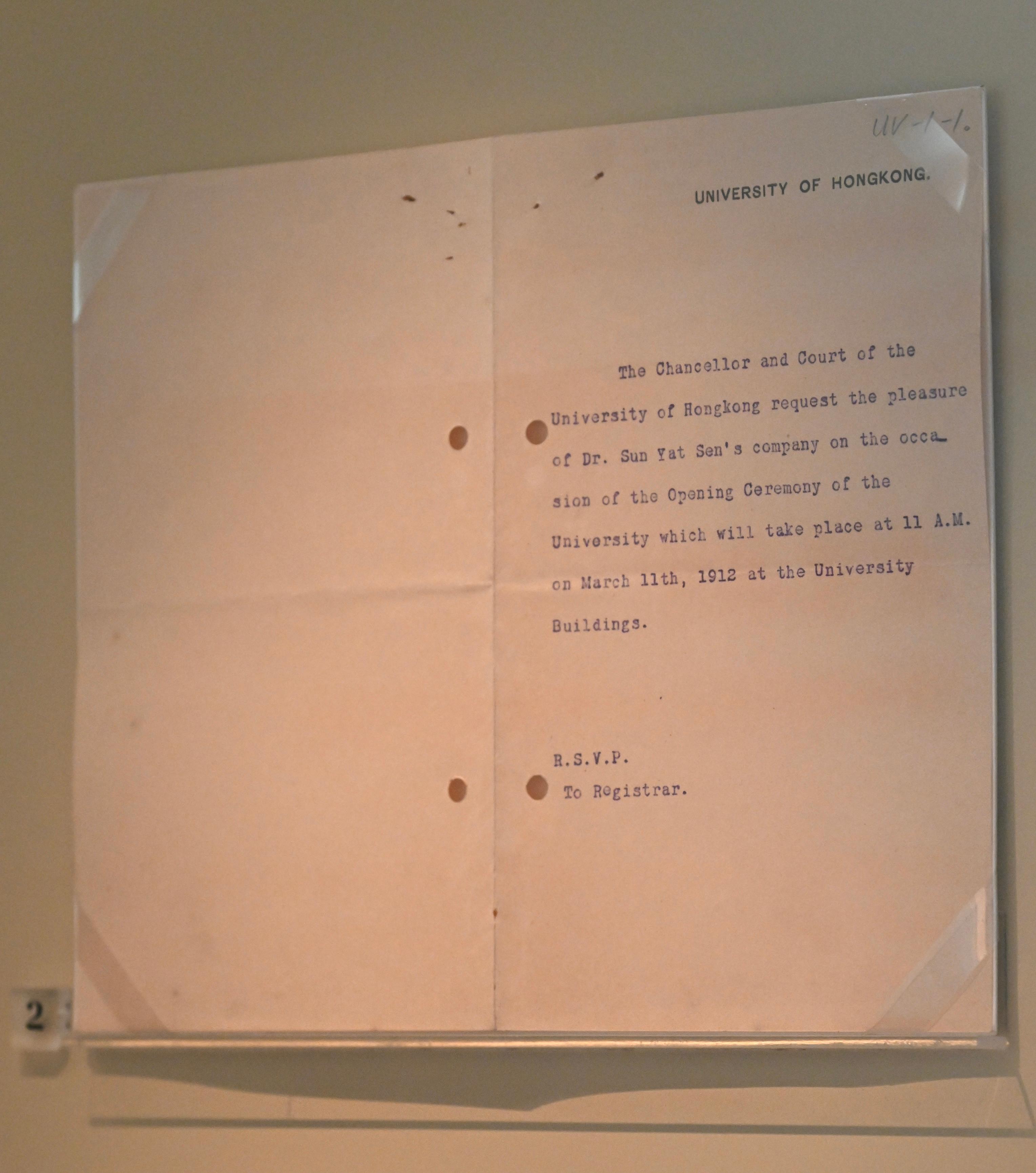 The Dr Sun Yat-sen Museum will stage the "From Healing Patients to Saving a Nation - Dr. Sun Yat-sen in Guangdong, Hong Kong and Macao" exhibition from tomorrow (November 7) to March 31 next year. Photo shows the University of Hong Kong's letter to Dr Sun inviting him to an inauguration ceremony.