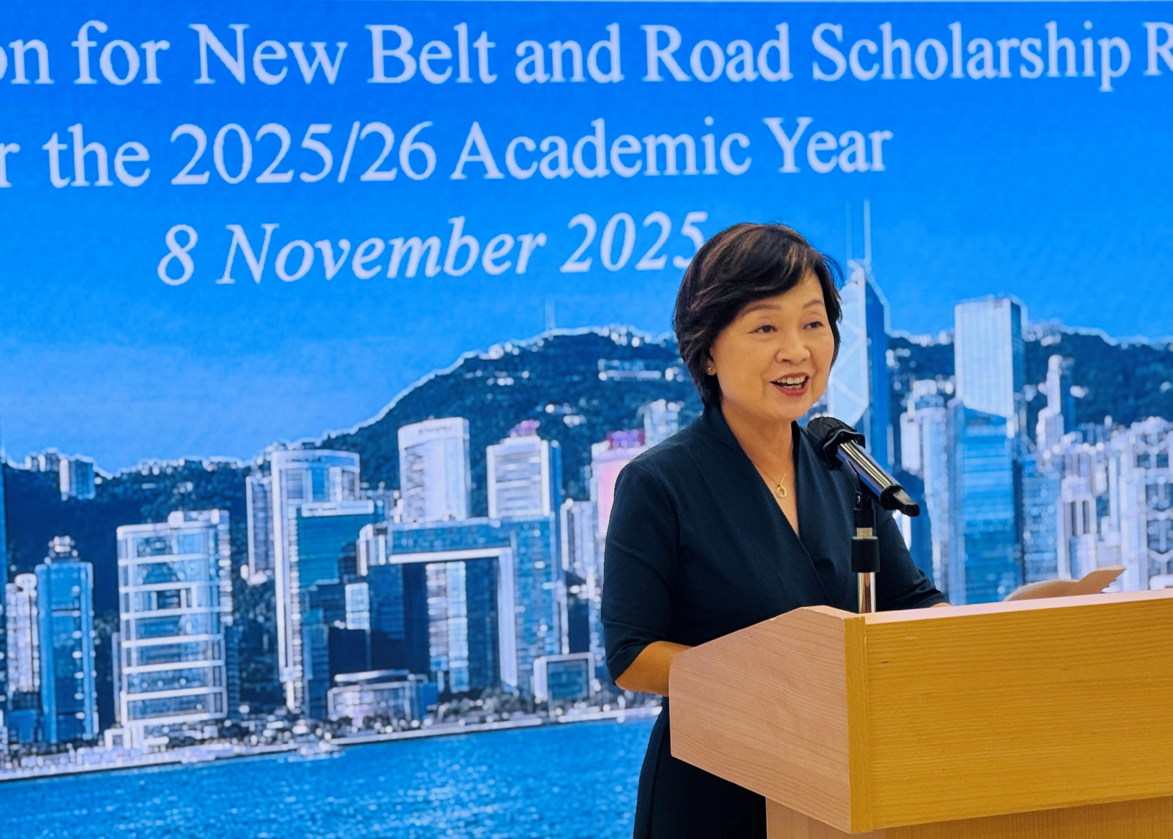 The Secretary for Education, Dr Choi Yuk-lin, speaks at the annual sharing session for new Belt and Road Scholarship recipients today (November 8).