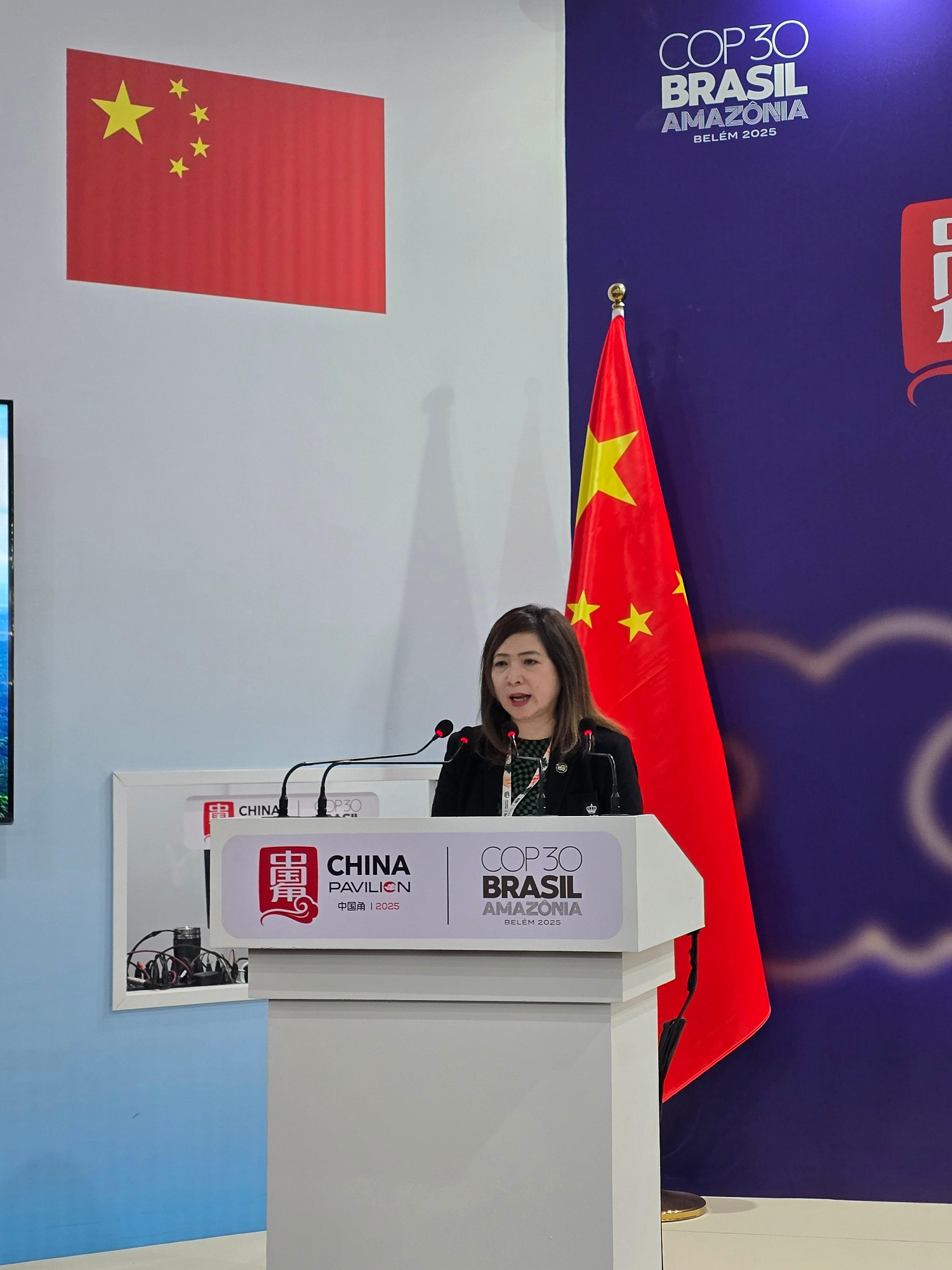 The Environment and Ecology Bureau of the Hong Kong Special Administrative Region Government, Friends of the Earth (HK) and the Hong Kong Financial Services Development Council co-hosted the China Pavilion's side event on November 11 (Belém time) at the 30th Conference of the Parties to the United Nations Framework Convention on Climate Change in Belém, Brazil. Photo shows Vice-Chairperson of Friends of the Earth (HK) Ms Ophelia Lin delivering a keynote speech at the event.