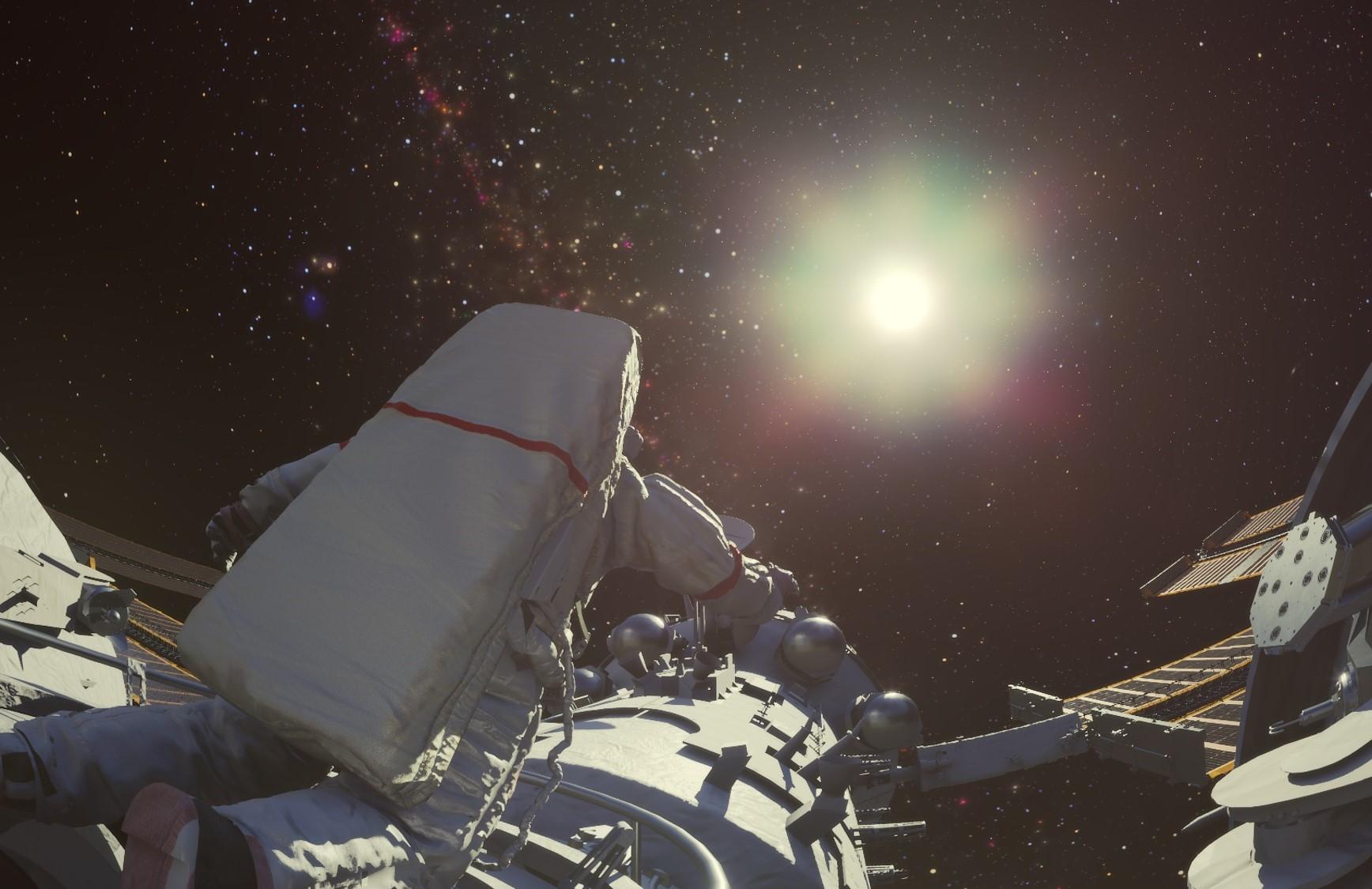 香港太空館天象廳明日（十一月十五日）起推出全新天象節目《築夢天宮》。圖示航天員進行艙外活動。