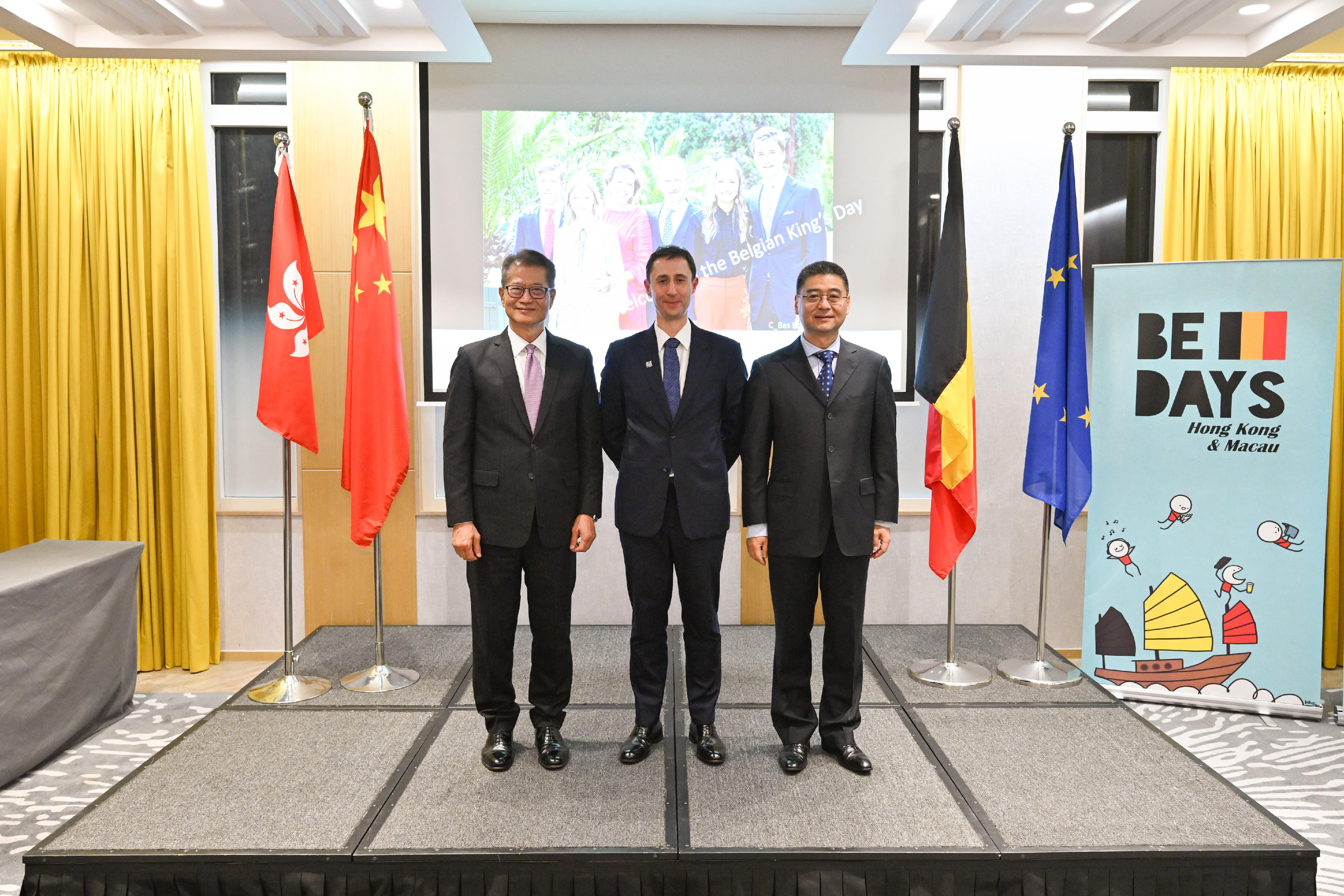 The Financial Secretary, Mr Paul Chan, attended the Belgian King's Day Reception today (November 14). Photo shows (from left) Mr Chan; the Consul General of Belgium in Hong Kong, Mr David Lomastro, and Deputy Commissioner of the Ministry of Foreign Affairs of the People's Republic of China in the Hong Kong Special Administrative Region Mr Hua You, at the reception.