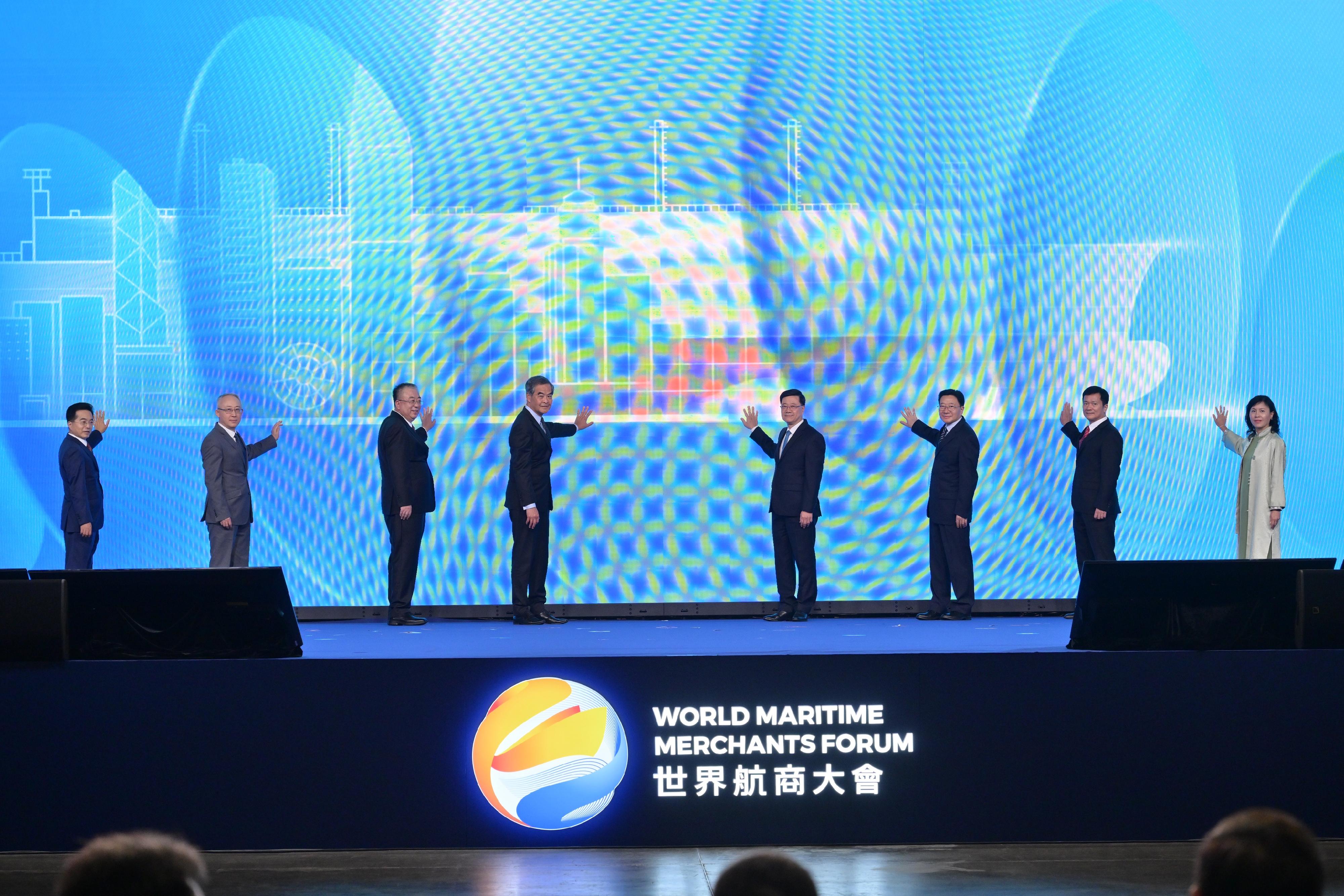 The Chief Executive, Mr John Lee, Hong Kong Maritime Week 2025 cum World Maritime Merchants Forum 2025 today (November 17). Photo shows Mr Lee (fourth right); Vice-Chairman of National Committee of the Chinese People's Political Consultative Conference, Mr C Y Leung (fourth left); the Director of the Liaison Office of the Central People's Government in the Hong Kong Special Administrative Region, Mr Zhou Ji (third right);Vice Minister of Transport Mr Fu Xuyin (third left); Deputy Head of the Office for Safeguarding National Security of the Central People's Government in the Hong Kong Special Administrative Region, Mr Chen Feng (second right); Acting Commissioner of the Office of the Commissioner of the Ministry of Foreign Affairs in the Hong Kong Special Administrative Region, Mr Li Yongsheng (second left); the Chairman of China Merchants Group, Mr Miao Jianmin (first left), and the Secretary for Transport and Logistics, Ms Mable Chan (first right) officiating at the opening ceremony.