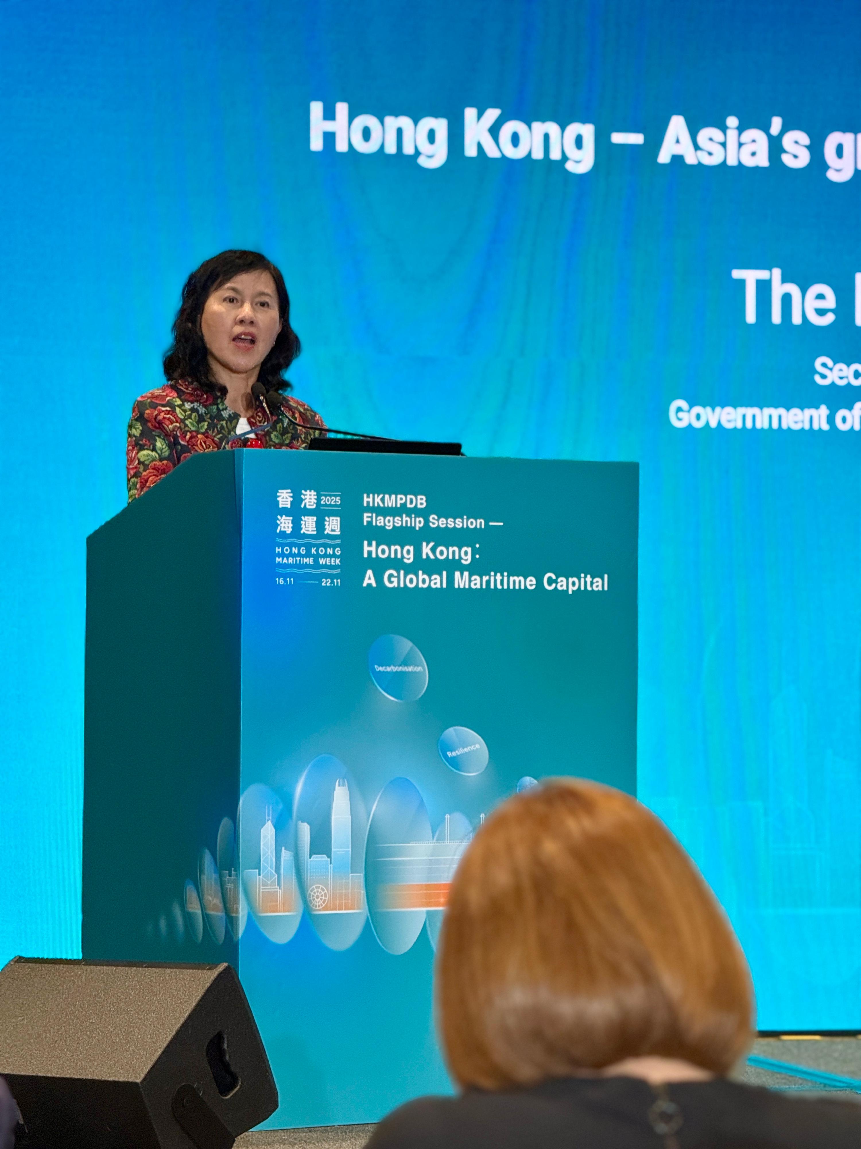 The Secretary for Transport and Logistics, Ms Mable Chan, attended the Hong Kong Maritime and Port Development Board Flagship Session - Hong Kong: A Global Maritime Capital today (November 18). Photo shows Ms Chan delivering a speech at the session.