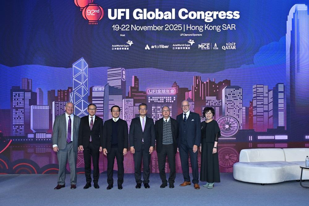 The Financial Secretary, Mr Paul Chan, attended the UFI Global Congress 2025 today (November 20). Photo shows (from left) the President of UFI (Global Association of the Exhibition Industry), Mr Hugh Jones; the Chairman of AsiaWorld-Expo Management Limited, Mr Simon Li; the Chairman of the Airport Authority Hong Kong, Mr Fred Lam; Mr Chan; the Chairman of the Hong Kong Tourism Board, Dr Peter Lam; the Chief Executive Officer of UFI, Mr Chris Skeith; and the Chief Executive Officer of AsiaWorld-Expo Management Limited, Ms Irene Chan, at the UFI Global Congress 2025.