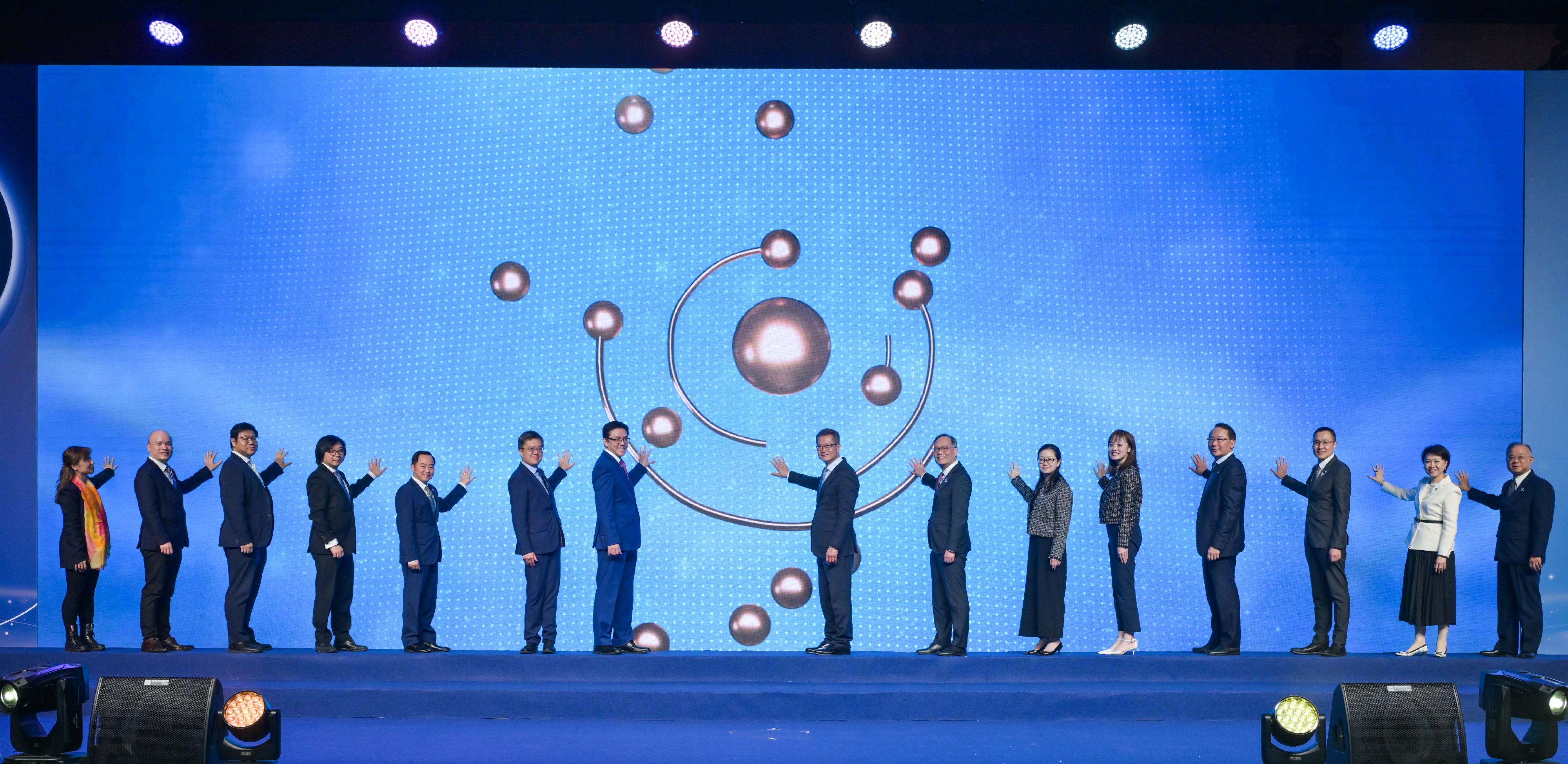 The Financial Secretary, Mr Paul Chan, attends the presentation ceremony for the Hong Kong ICT Awards 2025 today (November 21). Photo shows (from fifth left) the Commissioner for Digital Policy, Mr Tony Wong; the Permanent Secretary for Innovation, Technology and Industry, Mr Kevin Choi; the Secretary for Innovation, Technology and Industry, Professor Sun Dong; Mr Chan; the Chairman of the Grand Judging Panel of the Hong Kong ICT Awards 2025 and the President of Hong Kong Metropolitan University, Professor Paul Lam; the Deputy Director-General of the Youth Department of the Liaison Office of the Central People's Government in the Hong Kong Special Administrative Region, Ms Wan Ning; the Under Secretary for Innovation, Technology and Industry, Ms Lillian Cheong, and other guests officiating at the ceremony.