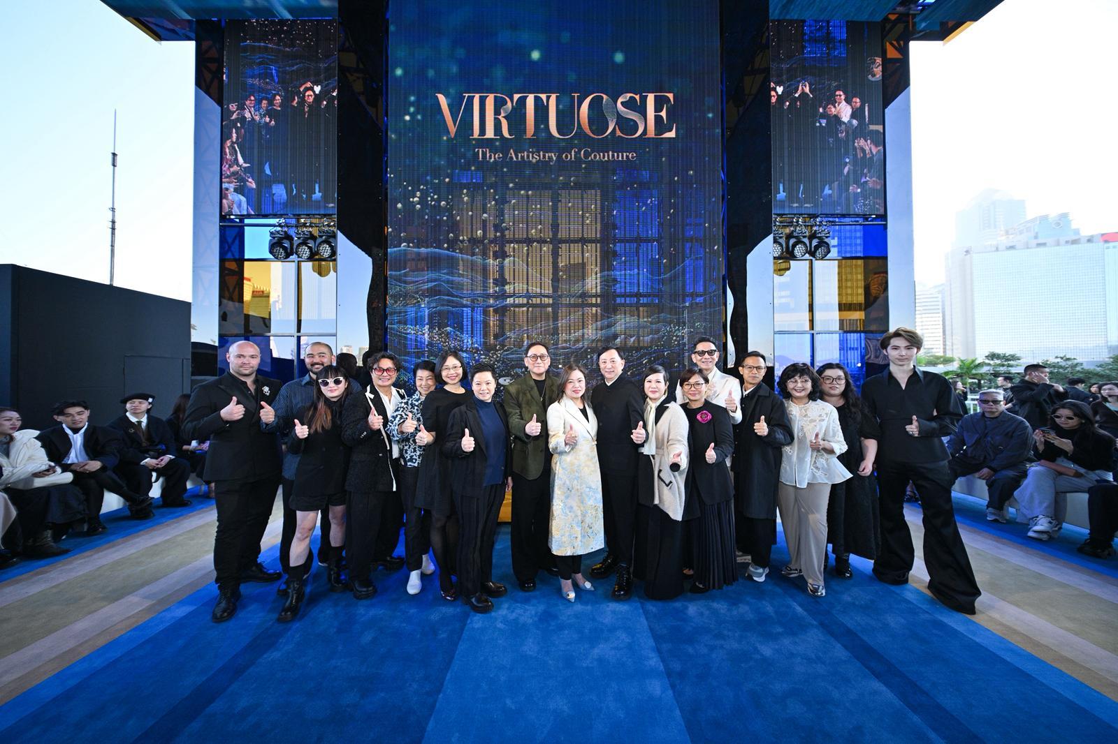 The second edition of Hong Kong Fashion Fest opened today (November 22) with the launch programme "VIRTUOSE: The Artistry of Couture 2025" held at Central Pier 4. Photo shows the Secretary for Culture, Sports and Tourism, Miss Rosanna Law (centre), the Commissioner for Cultural and Creative Industries, Miss Drew Lai (seventh left); the Deputy Commissioner for Tourism, Ms Joanne Chu (sixth left); Assistant Commissioner for Cultural and Creative Industries Miss Yvonne Ip (sixth right), and representatives of the organiser and four new-generation couture designers.