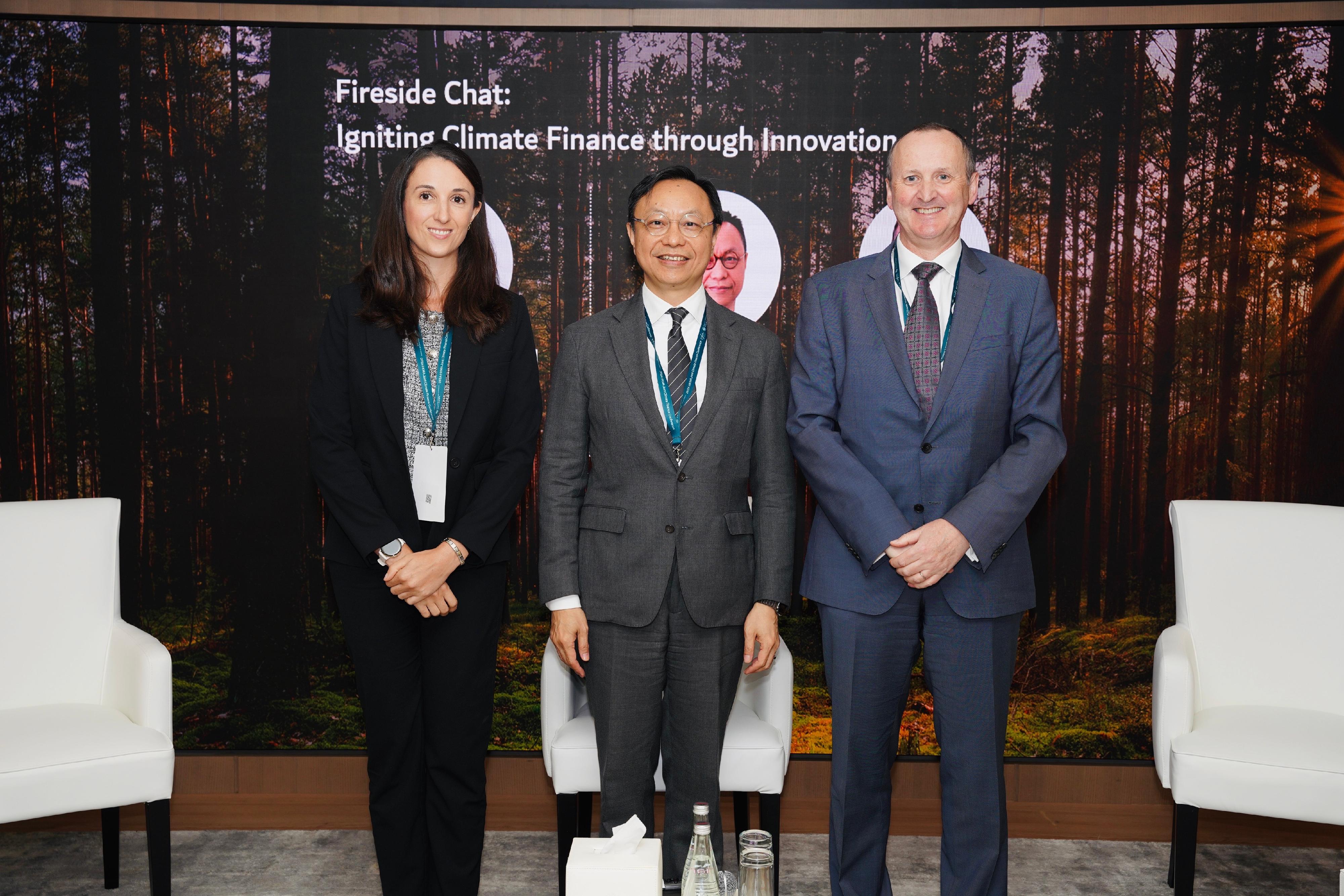 The Dubai Financial Services Authority (DFSA) and the Hong Kong Monetary Authority (HKMA) today (November 26) hosted the second Joint Climate Finance Conference in Dubai. Photo shows (from left) the Director of Sustainability of Middle East of the Emperor Ms Danielle Bistacchi; Deputy Chief Executive of the HKMA Mr Darryl Chan; and the Chief Executive of the DFSA, Mr Mark Steward, sharing their views on igniting climate finance through innovation.