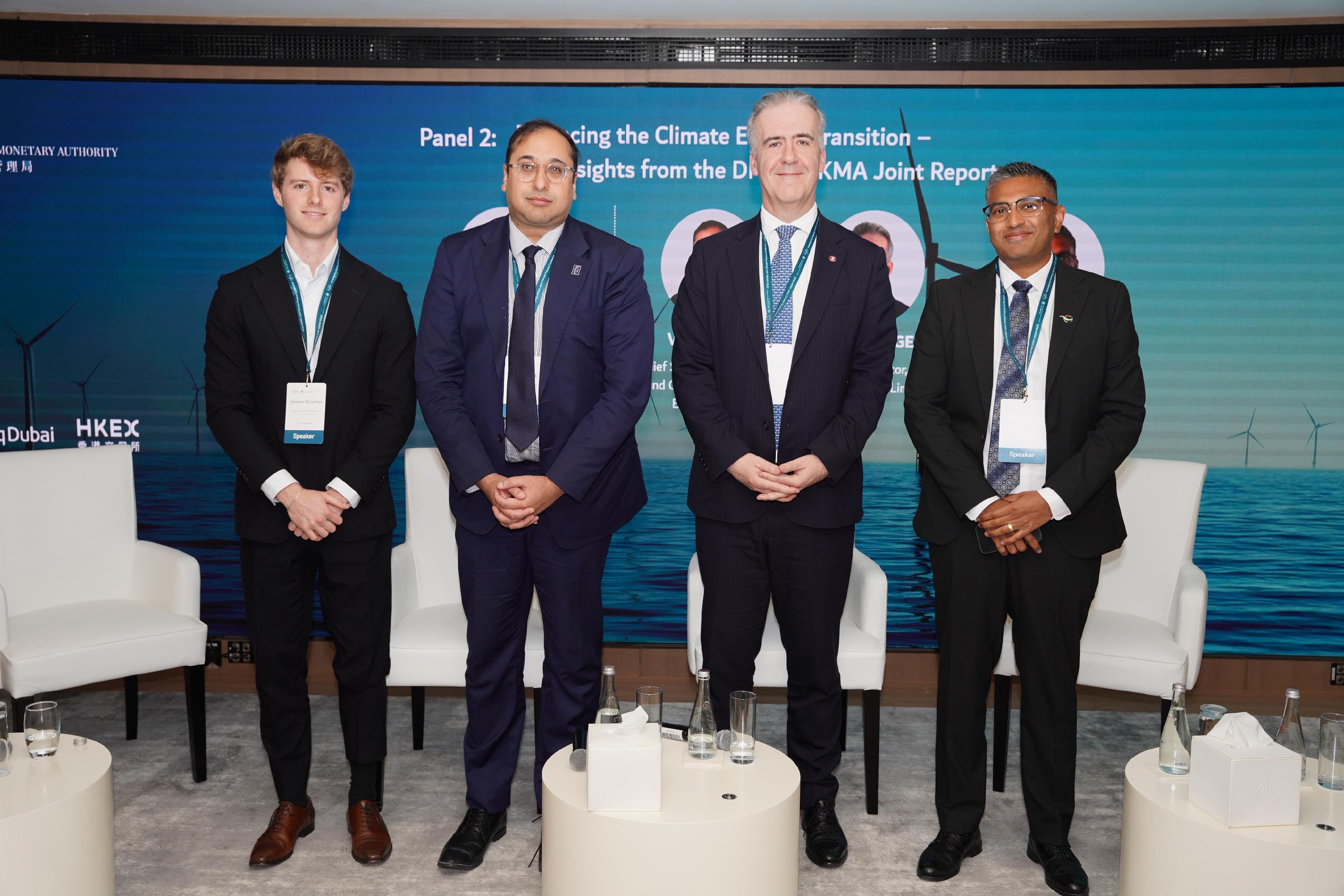 The Dubai Financial Services Authority (DFSA) and the Hong Kong Monetary Authority (HKMA) today (November 26) hosted the second Joint Climate Finance Conference in Dubai. Photo shows (from left) the Sustainable Finance Researcher of the BloombergNEF Mr Jameson McLennan; the Chief Sustainability Officer and Group Head of ESG of the Emirates NBD, Mr Vijay Bains; the Finance Director of the MTR Corporation Limited, Mr Michael Fitzgerald; and the Group Vice President of Sustainability of the DP World Mr Carlin Naidoo, deep diving into the insights from the joint research of the DFSA and the HKMA.
