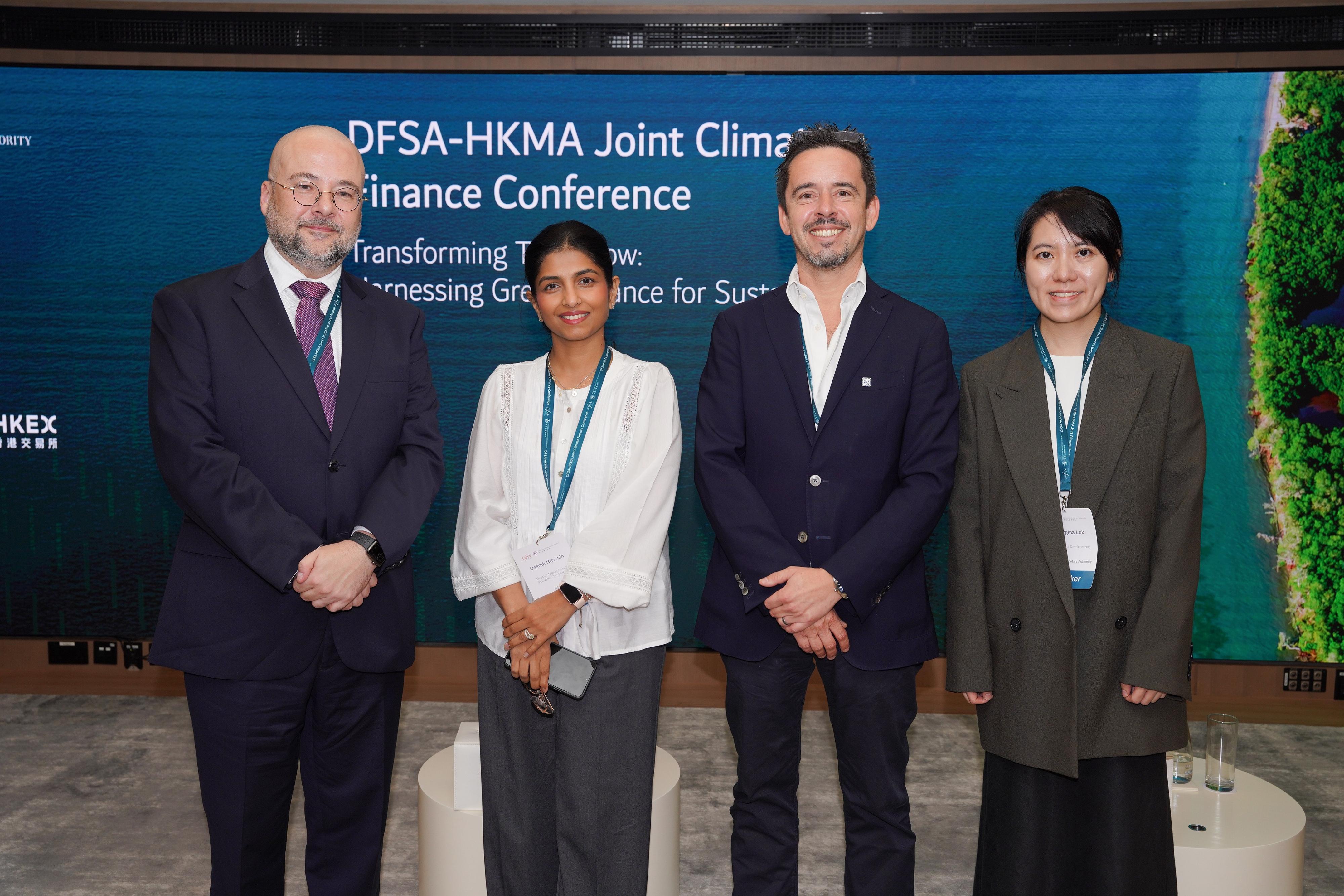 The Dubai Financial Services Authority (DFSA) and the Hong Kong Monetary Authority (HKMA) today (November 26) hosted the second Joint Climate Finance Conference in Dubai. Photo shows (from left) the Head of Business of the DIFC Innovation Hub, Mr Stephen Gotz; the Director of Digital, Data & Innovation of MSS MENA of the HSBC, Ms Ussrah Hussain; the Global Head of Official Institutions of the Euroclear, Mr Francois Tilly; and the Head of Market Development of the HKMA, Ms Georgina Lok, exploring how tokenisation can drive global transition.