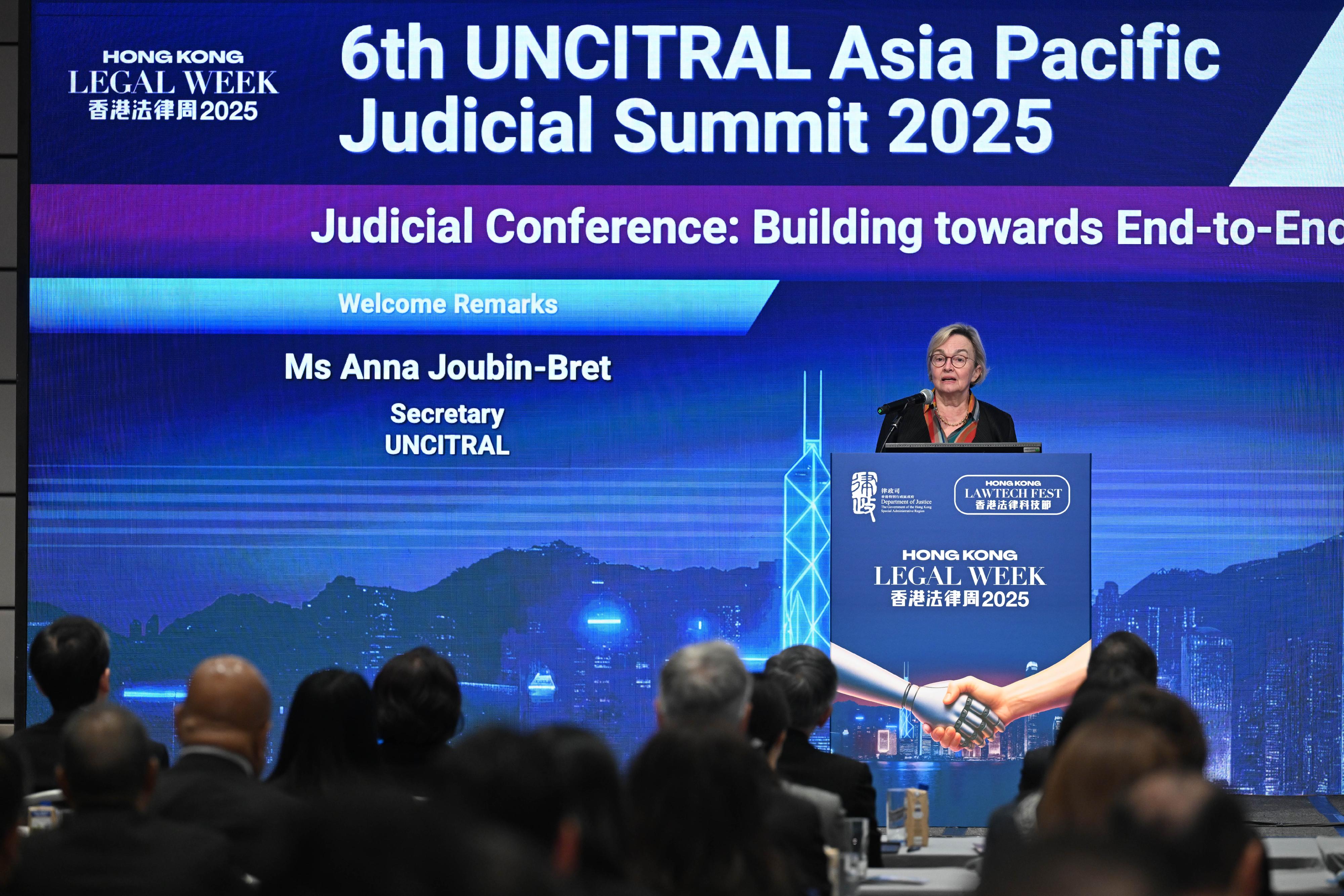 The Secretary of the United Nations Commission on International Trade Law, Ms Anna Joubin-Bret, delivers welcome remarks at the 6th UNCITRAL Asia Pacific Judicial Summit 2025 - Judicial Conference under Hong Kong Legal Week 2025 today (December 1).