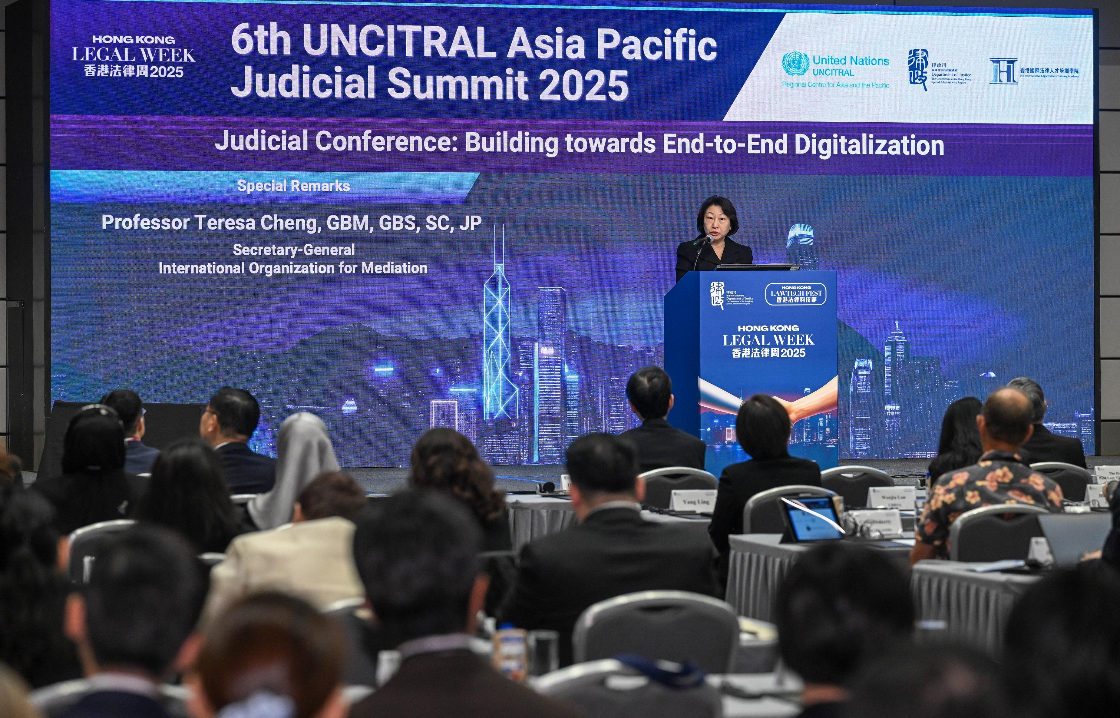 The Secretary-General of International Organization for Mediation, Professor Teresa Cheng, speaks at the 6th UNCITRAL Asia Pacific Judicial Summit 2025 - Judicial Conference under Hong Kong Legal Week 2025 today (December 1).