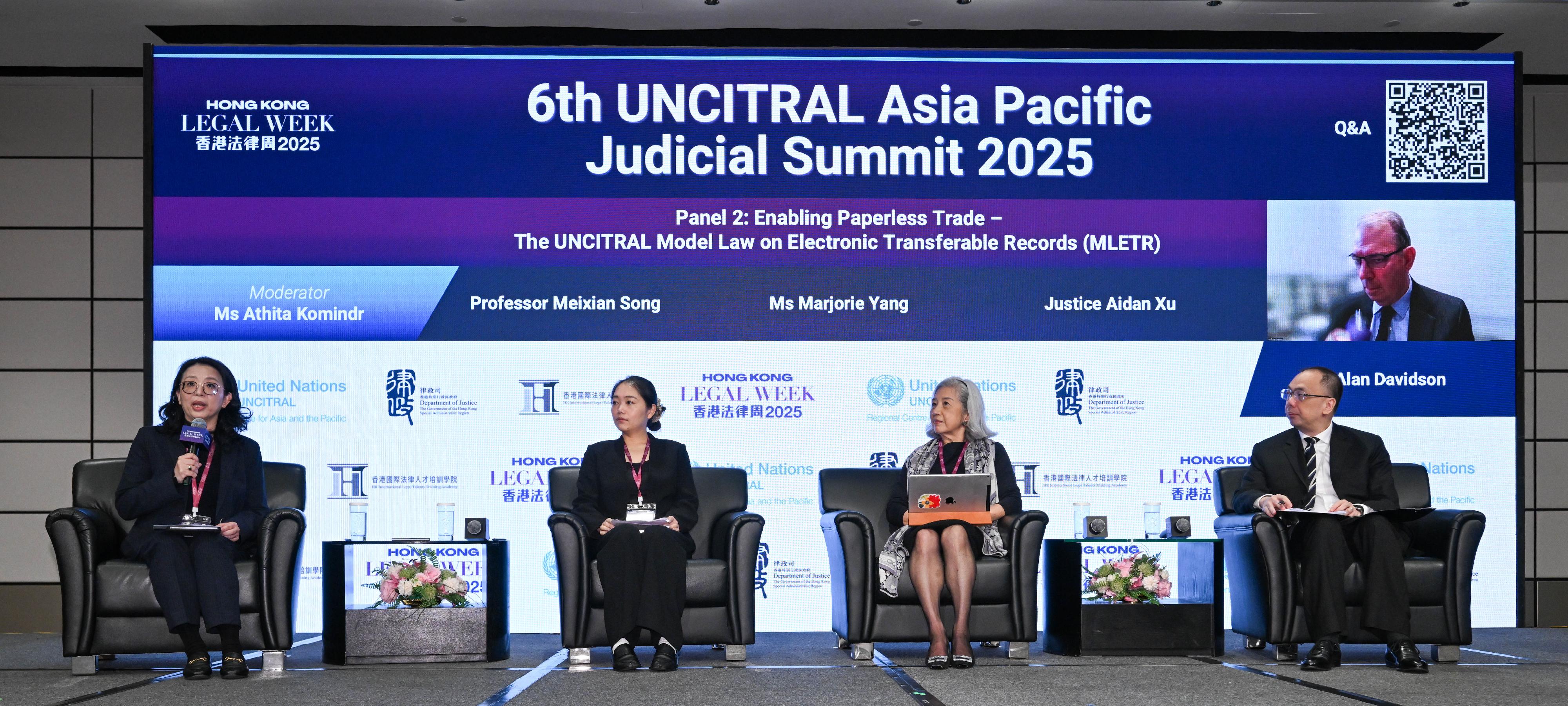 The five-day Hong Kong Legal Week 2025, themed "Linking Laws, Bridging Worlds" began today (December 1). Photo shows (from left) the Head of the United Nations Commission on International Trade Law (UNCITRAL) Regional Centre for Asia and the Pacific, Ms Athita Komindr; Associate Professor of Dalian Maritime University, Professor Song Meixian; the Hong Kong, China’s Representative of Asia-Pacific Economic Cooperation Business Advisory Council and the Chairman of Esquel Group, Ms Marjorie Yang; Justice Aidan Xu of the Supreme Court of Singapore; and the Chairman of UNCITRAL Working Group IV, Dr Alan Davidson, at panel session 2 on Enabling Paperless Trade - The UNCITRAL Model Law on Electronic Transferable Records at the 6th UNCITRAL Asia Pacific Judicial Summit 2025 - Judicial Conference.