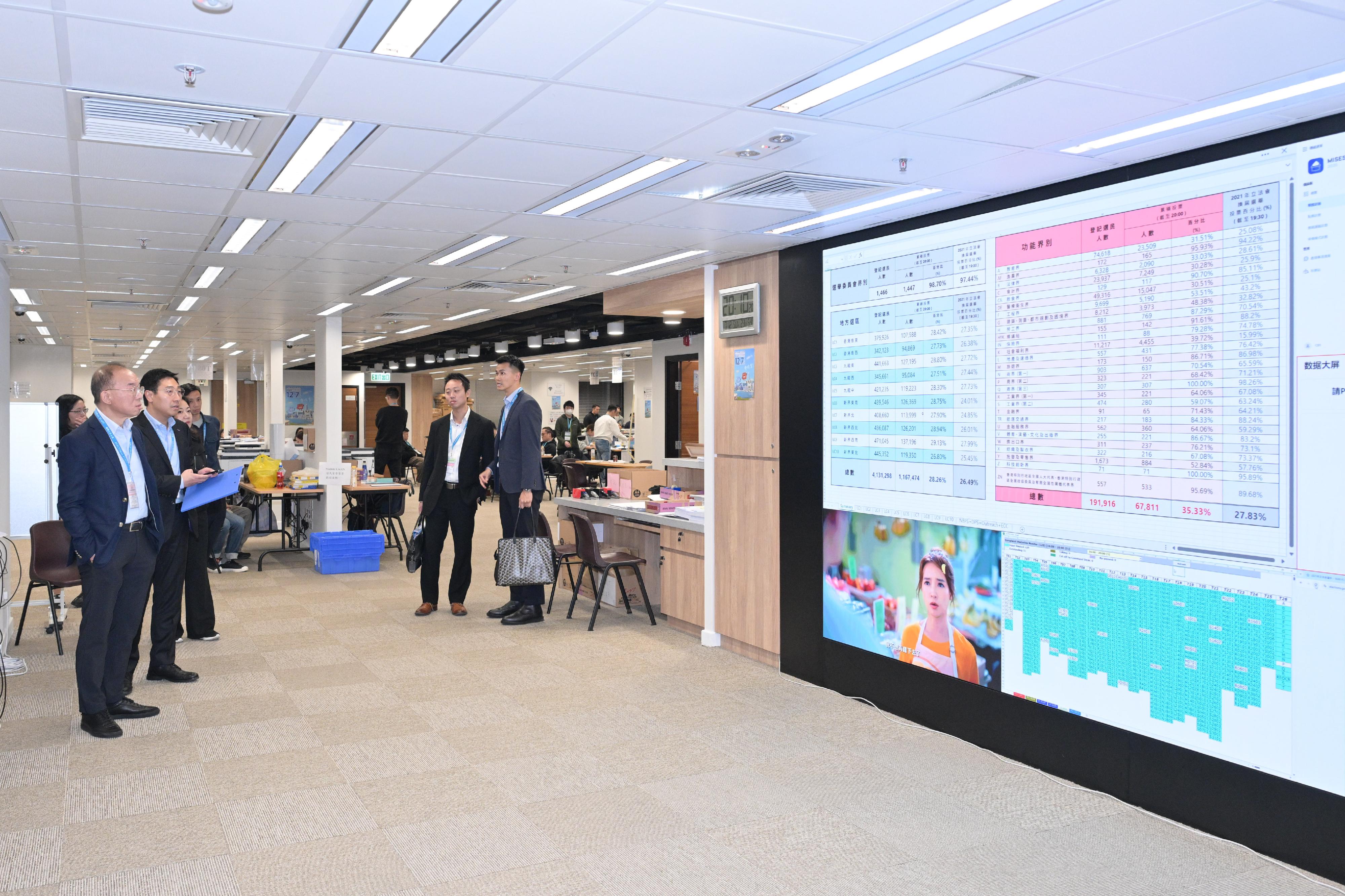 政制及内地事务局局长曾国卫（左一）今日（十二月七日）巡视二○二五年立法会换届选举的中央指挥中心。