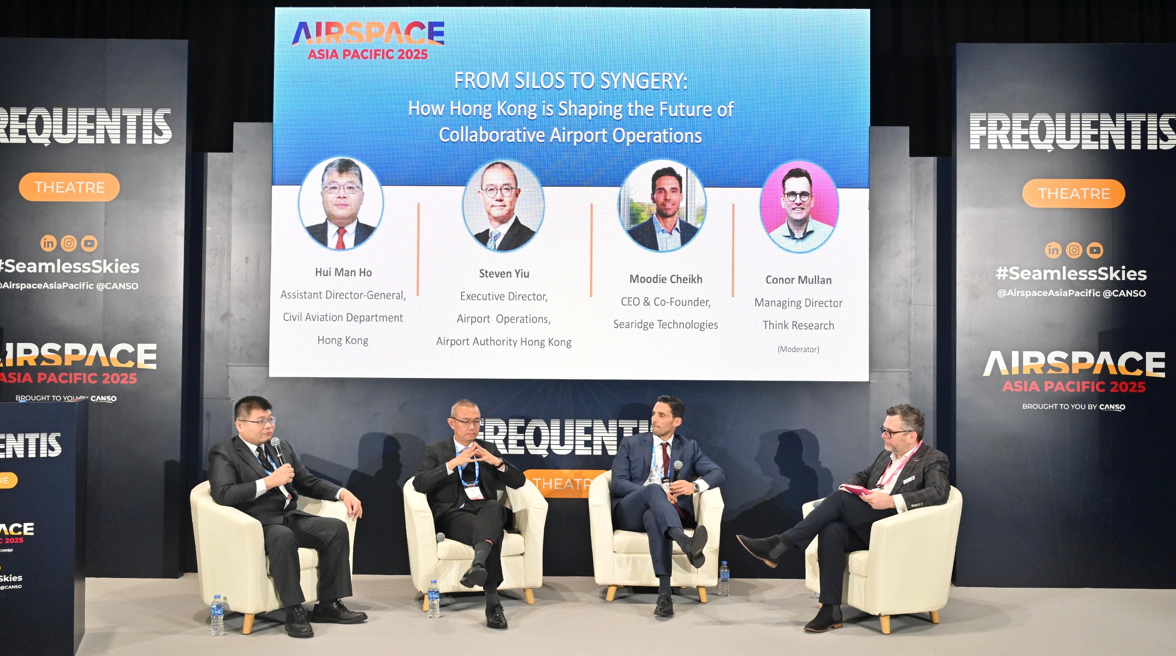 Airspace Asia Pacific 2025 featured multiple panel discussions. On December 10, the Assistant Director-General of Civil Aviation (Air Traffic Management), Mr Hui Man-ho (first left), joined a panel discussion themed "How Hong Kong is Shaping the Future of Collaborative Airport Operation" with the Executive Director, Airport Operations of the Airport Authority Hong Kong, Mr Steven Yiu (second left), to share their experiences on collaborative airport operations. 