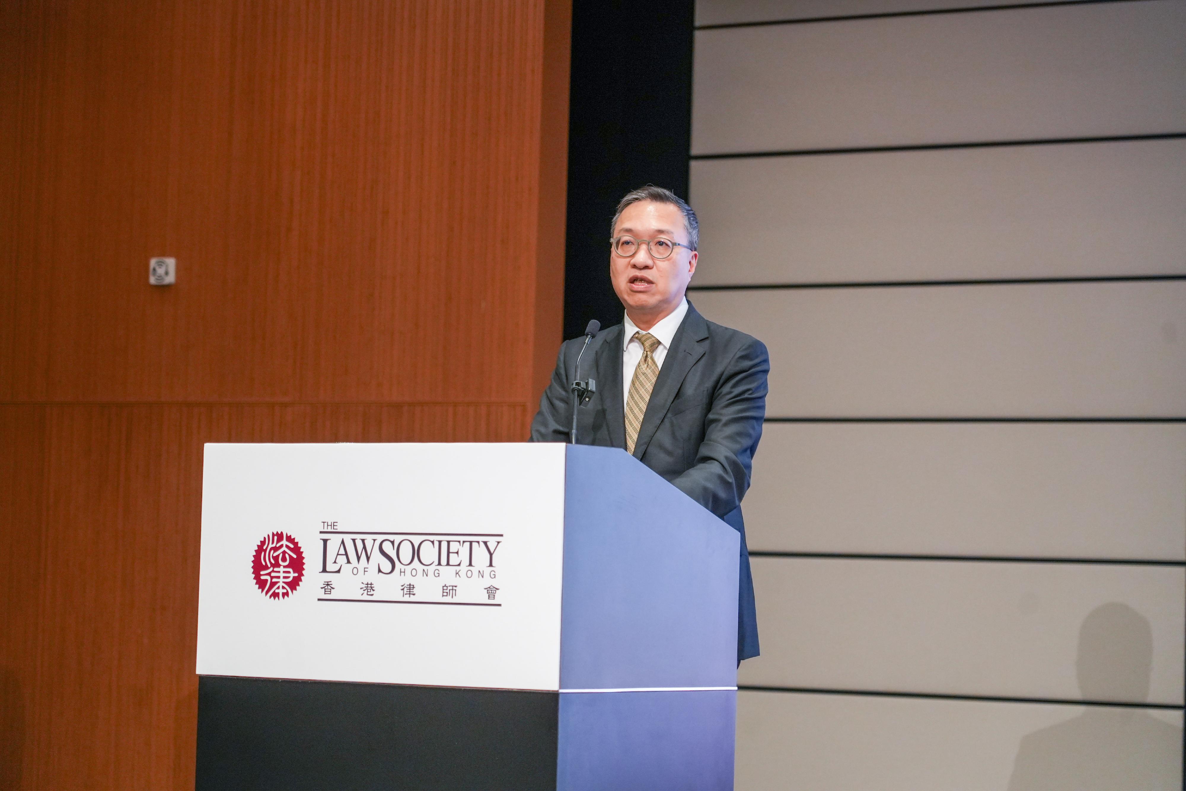 The Secretary for Justice, Mr Paul Lam, SC, speaks at the Law Society of Hong Kong's Pro Bono and Community Service Award Presentation Ceremony 2025 today (December 12).