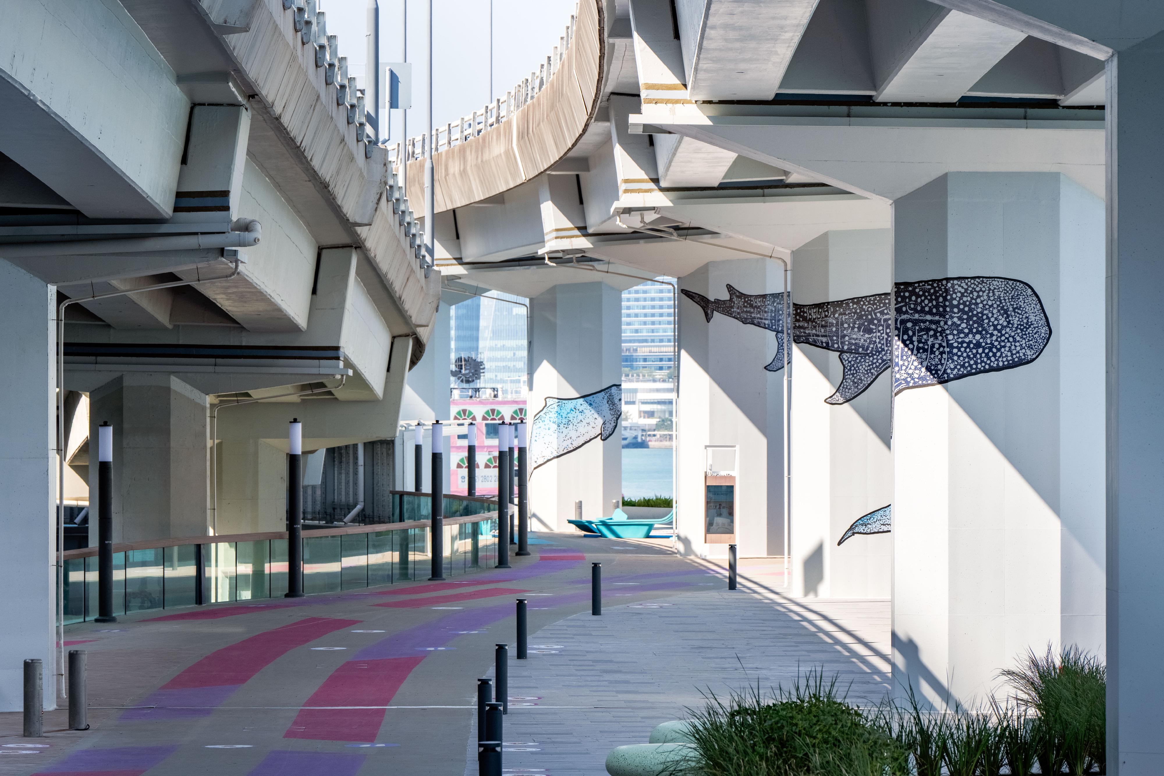 The Eastern Section of the East Coast Boardwalk in North Point will open tomorrow (December 29). Photo shows one of the multi-functional open spaces for hosting exhibitions, art and community activities upon application. Graphics of marine life by local artists are showcased on the bridge piers.