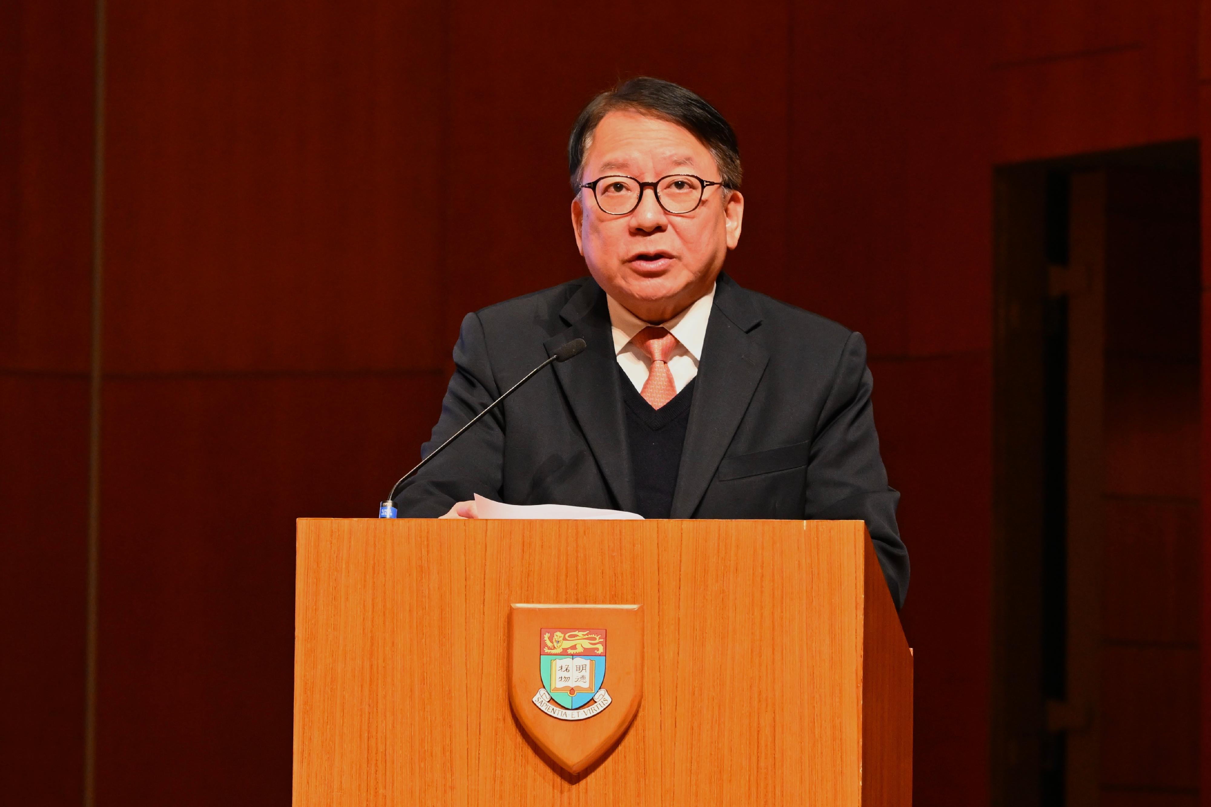 The Chief Secretary for Administration, Mr Chan Kwok-ki, speaks at the Nobel Heroes Forum: Shaping Science and Future today (January 12).